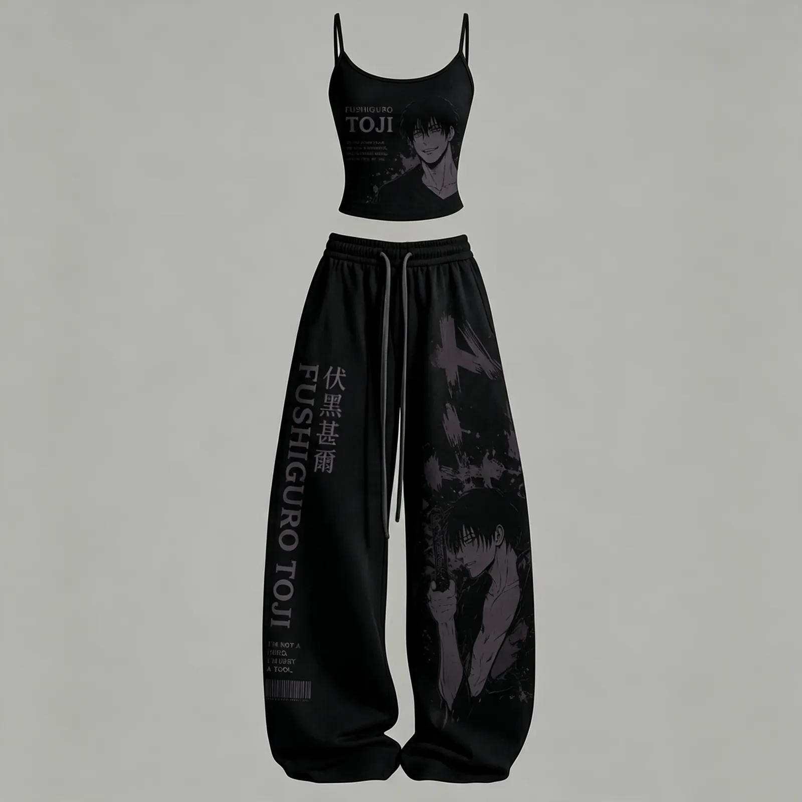 Jujutsu Kaisen Toji Fushiguro Cami Crop Top and Wide Leg Trousers Set, Women's Two-Piece Lounge Outfit, I'm Not a Hero Black Monochrome Set
