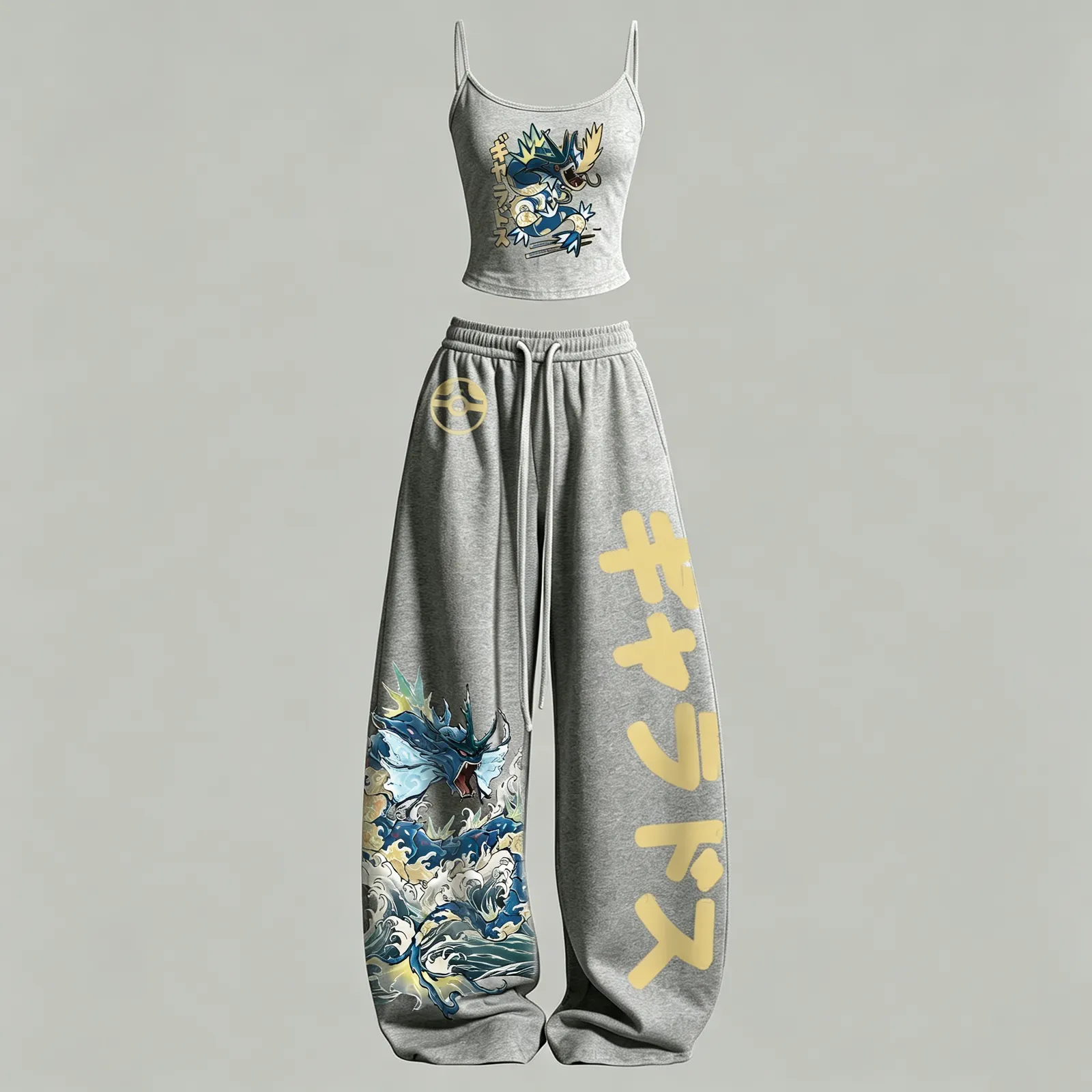 Pokémon Gyarados Cami Crop Top and Wide Leg Trousers Two-Piece Set, Women's Heather Grey Japanese Wave Lounge Outfit, Anime Matching Set