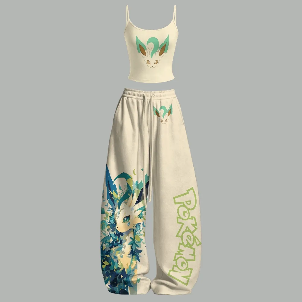 Pokémon Leafeon Cami Crop Top and Wide Leg Trousers Two-Piece Set, Women's Cream Leaf Green Anime Lounge Outfit, Eeveelution Grass Type Gift