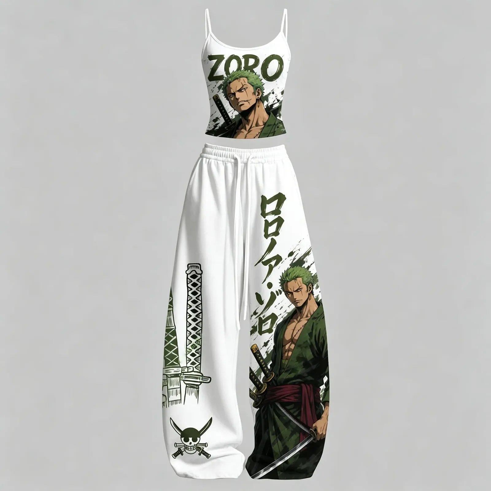 One Piece Roronoa Zoro Cami Crop Top and Wide Leg Trousers Two-Piece Set, White Green Ink Splash Anime Lounge Outfit, Women's Matching Co-ord