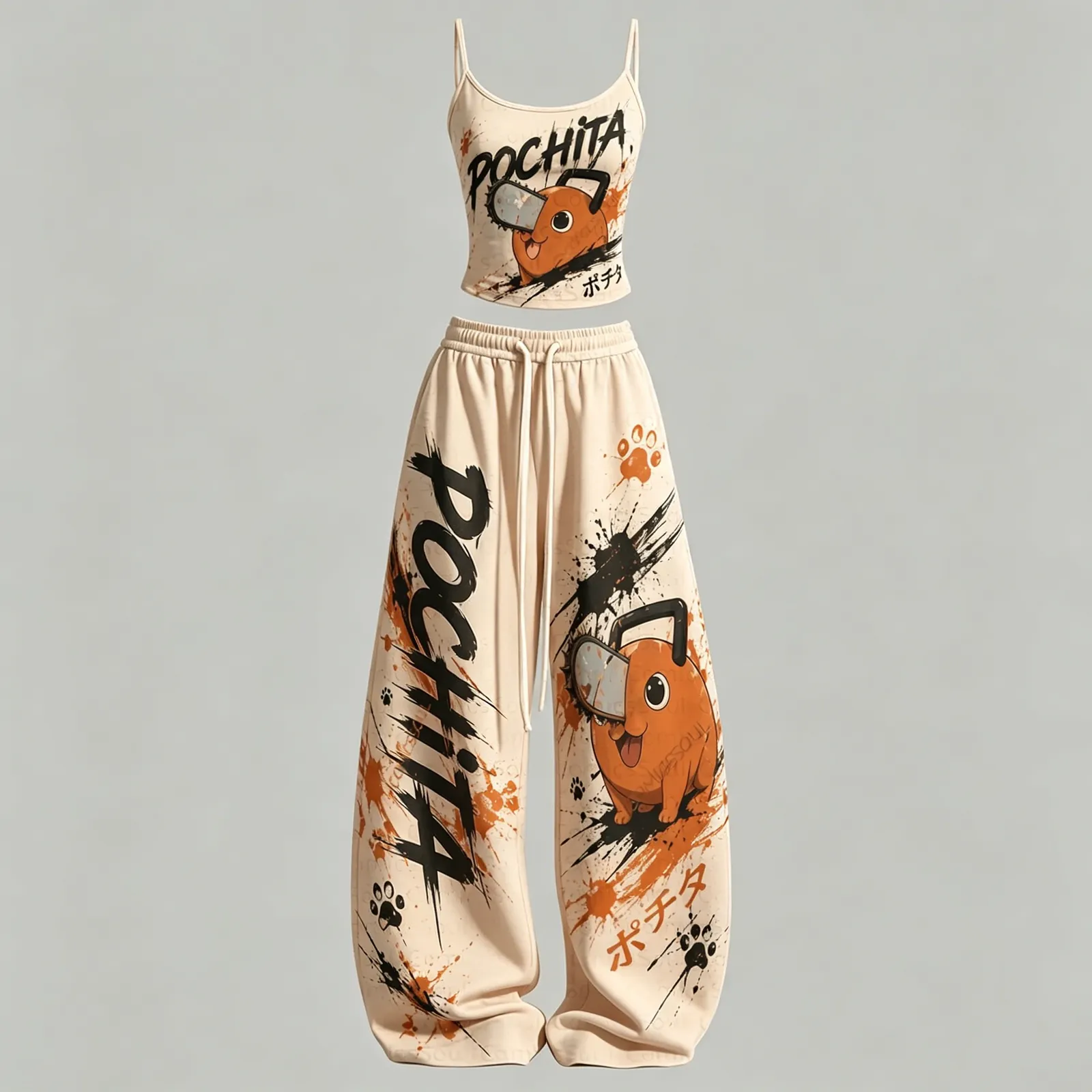 Chainsaw Man Pochita Cami Crop Top and Wide Leg Trousers Two-Piece Set, Women's Cream and Orange Anime Lounge Outfit, Cute Devil Dog Matching Set