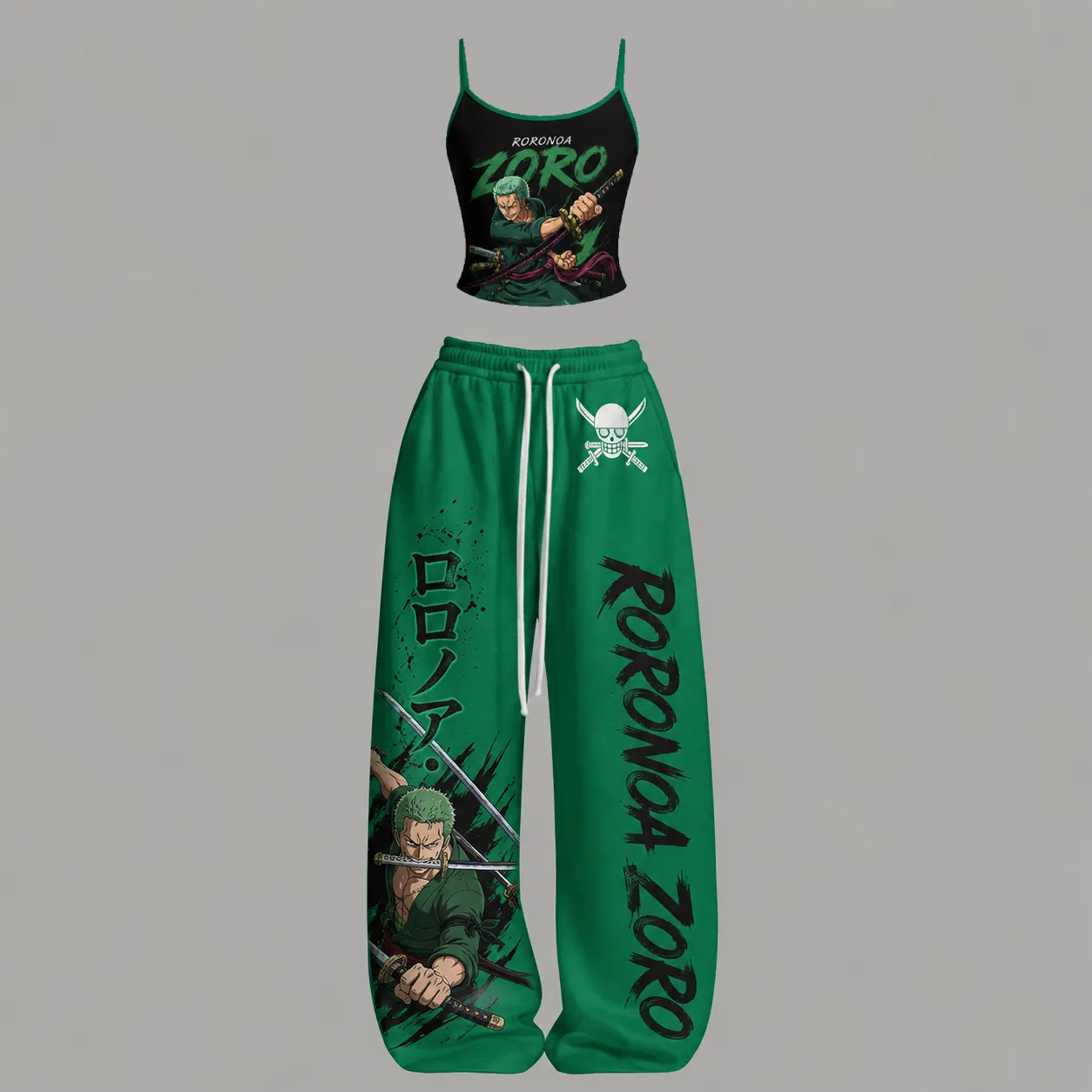One Piece Roronoa Zoro Cami Crop Top and Wide Leg Trousers Two-Piece Set, Green and Black Pirate Hunter Print, Women's Anime Matching Outfit