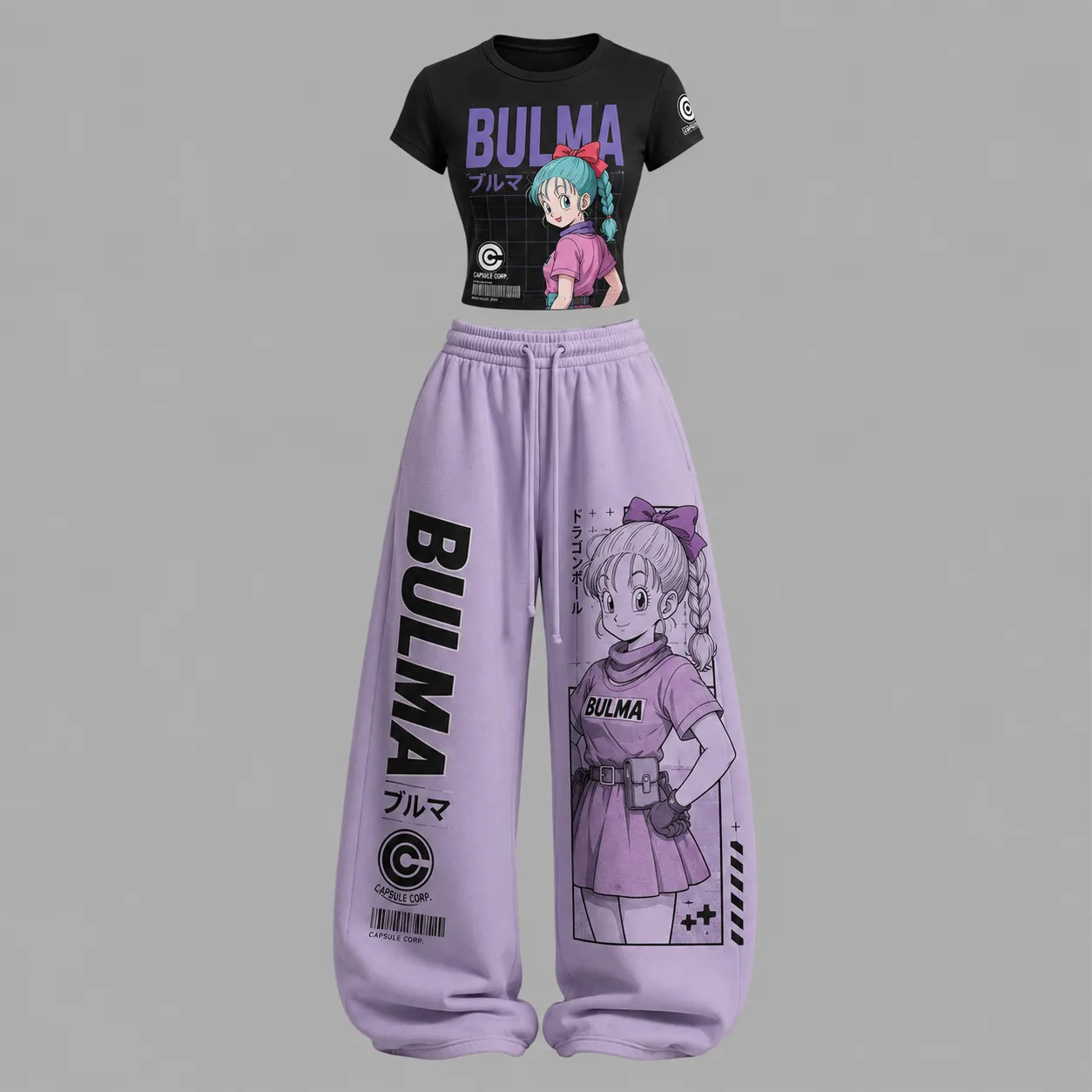 Dragon Ball Bulma Capsule Corp Crop Tee and Wide Leg Trousers Two-Piece Set, Women's Retro Anime Matching Lounge Outfit, Gift for Fans