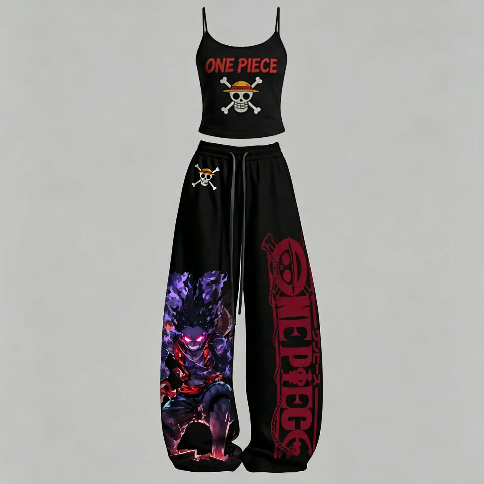 One Piece Luffy Cami Crop Top and Wide Leg Trousers Two-Piece Set, Women's Black and Red Straw Hat Pirates Lounge Outfit, Anime Matching Set