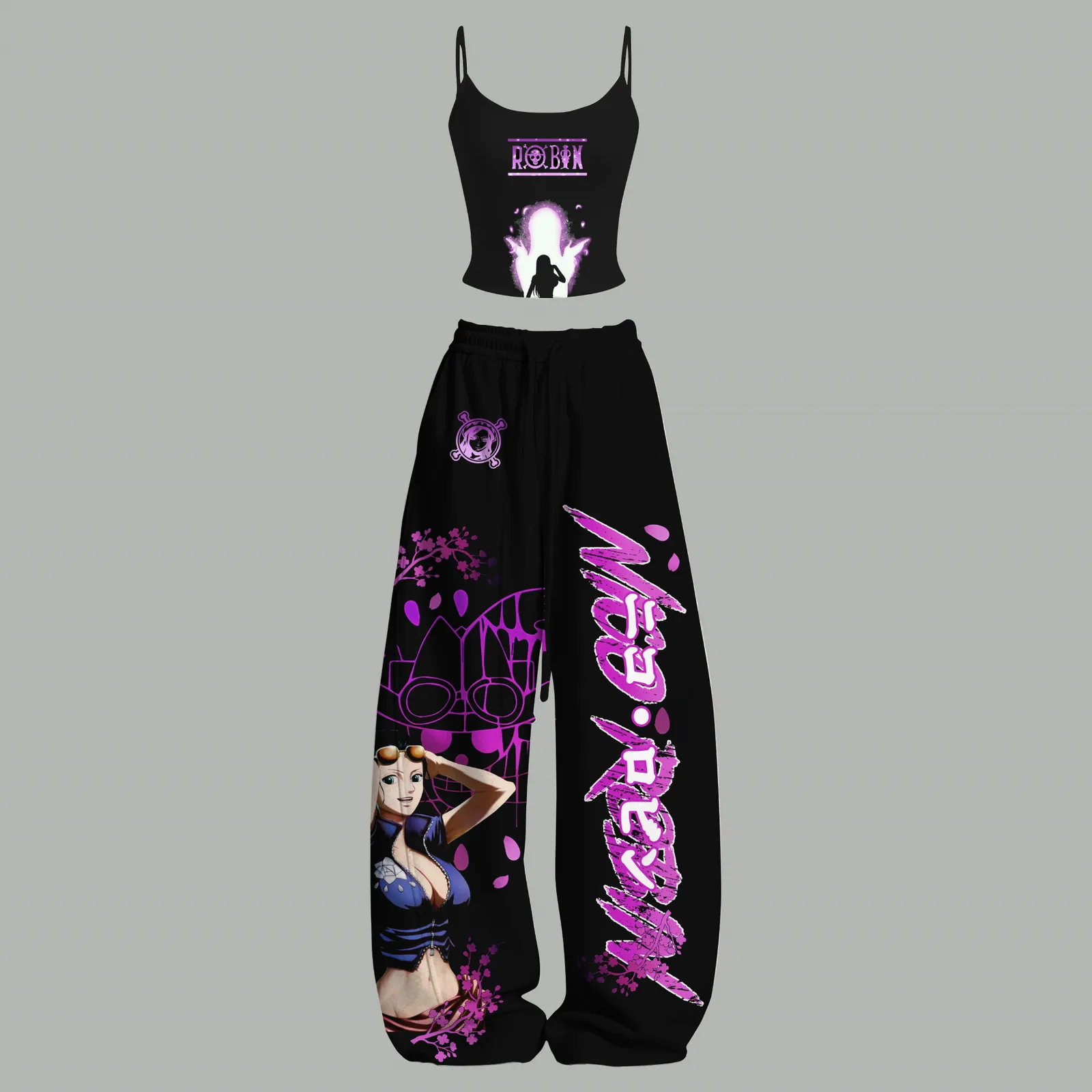 One Piece Nico Robin Cami Crop Top and Wide Leg Trousers Set, Women's Two-Piece Lounge Outfit, Purple Cherry Blossom Straw Hat Pirates Set