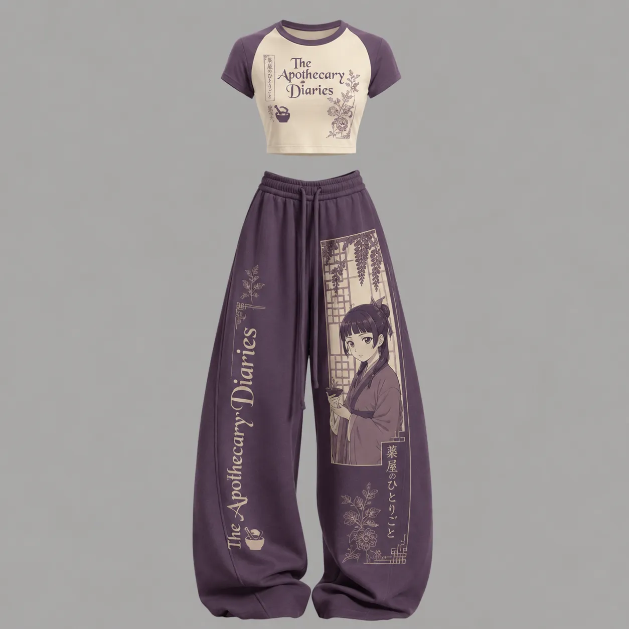 The Apothecary Diaries Maomao Raglan Crop Tee and Wide Leg Trousers Two-Piece Set, Women's Plum and Cream Anime Lounge Outfit, Kusuriya Gift