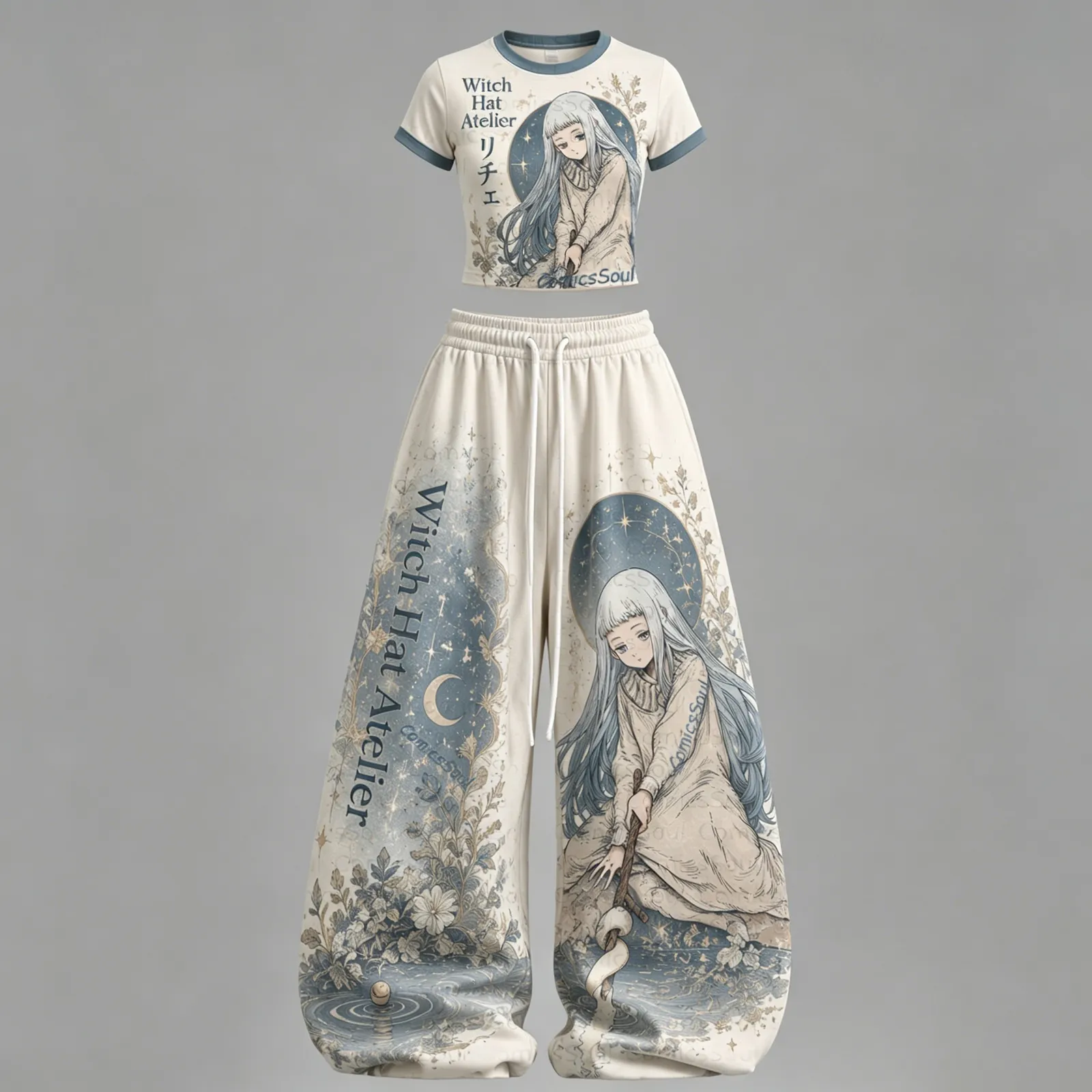 Witch Hat Atelier Riche Crop Tee and Wide Leg Trousers Two-Piece Set, Cream Dusty Blue Magic Anime Lounge Outfit, Women's Manga Matching Co-ord