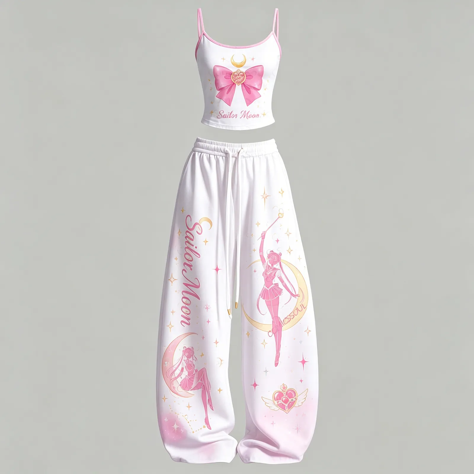 Sailor Moon Pink Bow Cami Top and Elasticated Trousers Two-Piece Set, Women's White and Pink Crescent Moon Lounge Outfit, Anime Matching Set