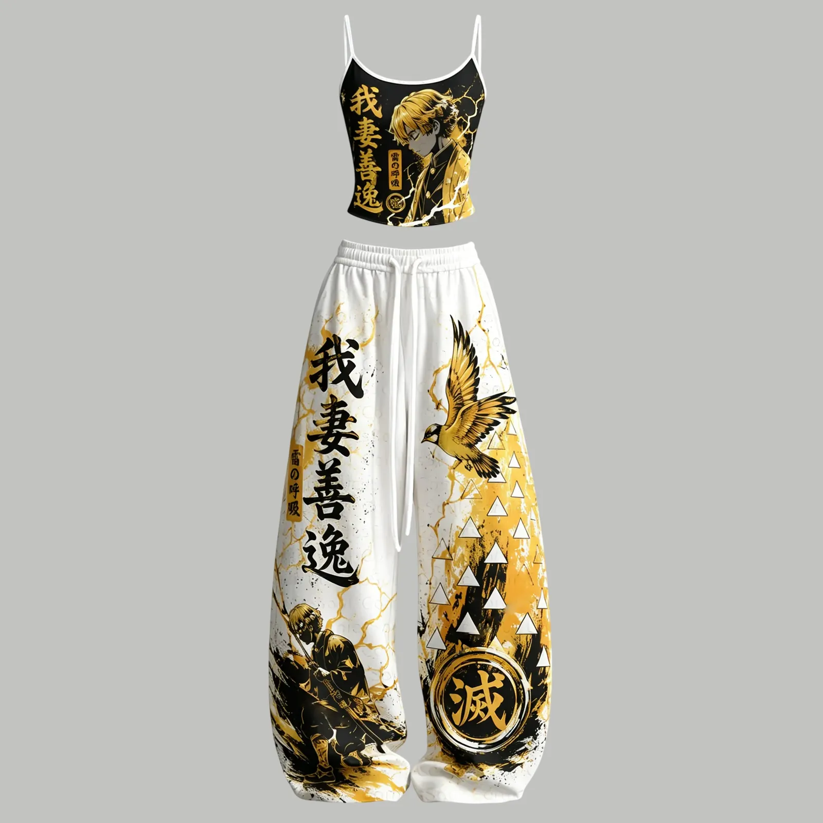 Demon Slayer Zenitsu Agatsuma Thunder Breathing Cami Crop Top and Wide Leg Trousers Two-Piece Set, Women's Kimetsu no Yaiba Anime Outfit