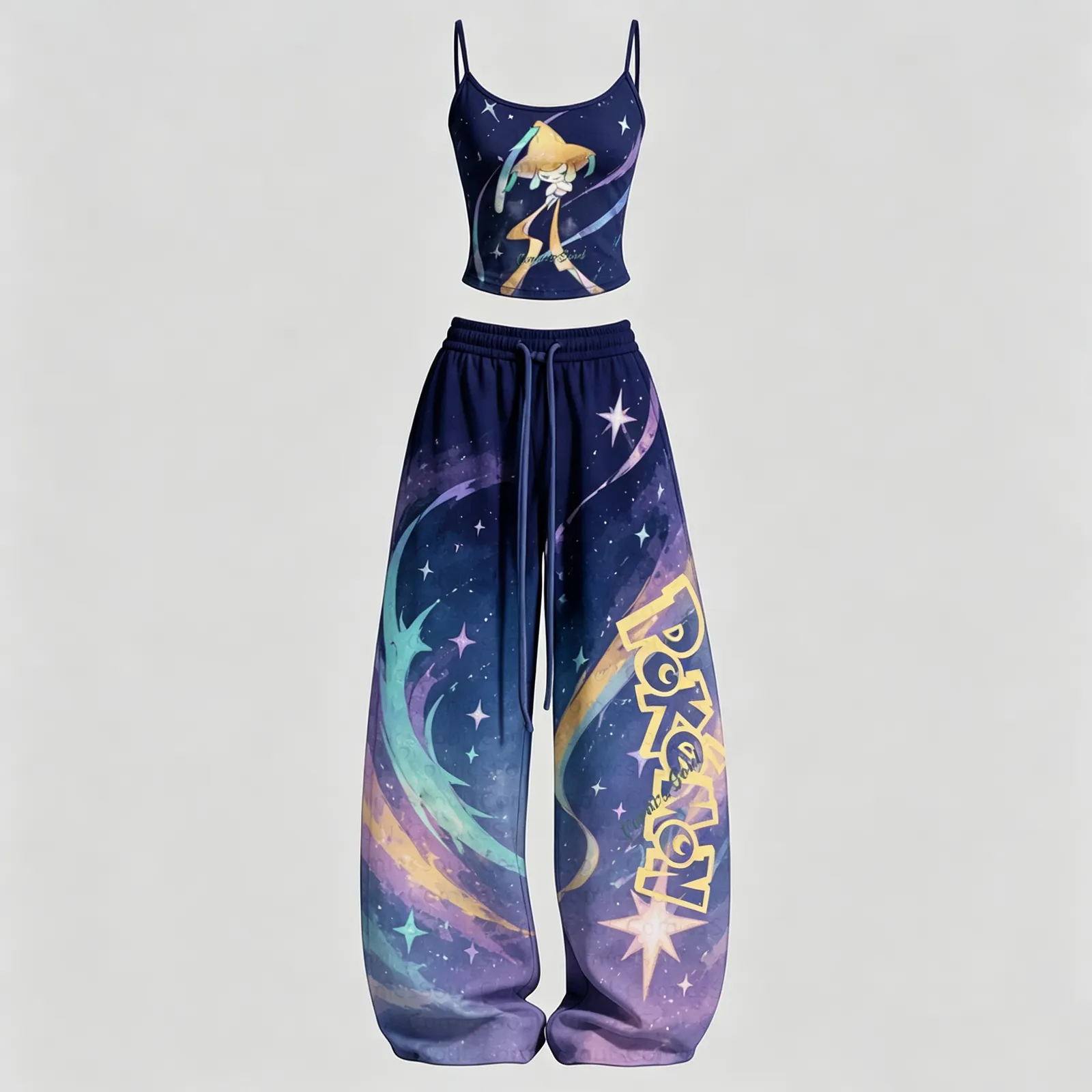 Pokémon Jirachi Cami Crop Top and Wide Leg Trousers Two-Piece Set, Women's Navy Galaxy Starry Night Lounge Outfit, Anime Matching Set
