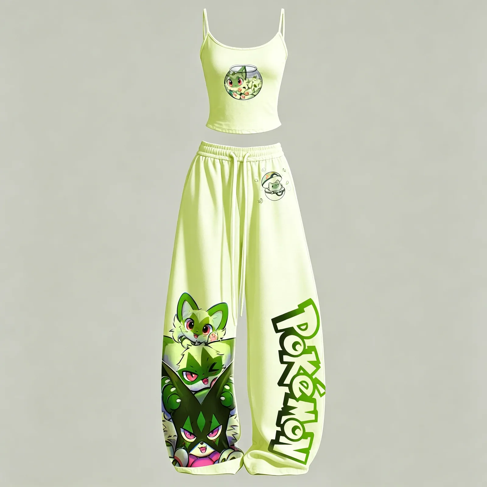 Pokémon Sprigatito Floragato Meowscarada Cami Crop Top and Wide Leg Trousers Two-Piece Set, Women's Grass Starter Matching Lounge Outfit