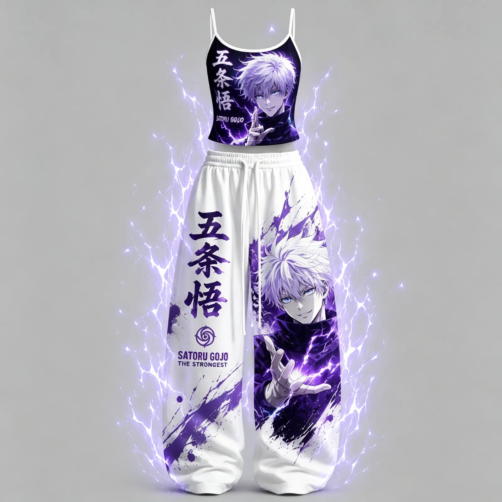 Jujutsu Kaisen Satoru Gojo The Strongest Cami Crop Top and Wide Leg Trousers Two-Piece Set, Women's White Purple Anime Lounge Outfit, JJK Gift