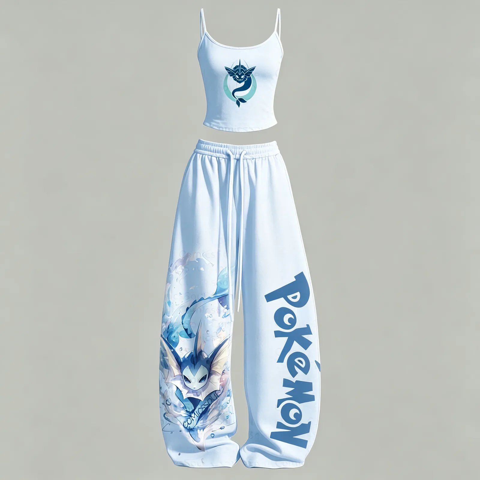 Pokémon Vaporeon Cami Crop Top and Light Blue Wide Leg Trousers Set, Women's Two-Piece Lounge Outfit, Water Type Eeveelution Matching Set