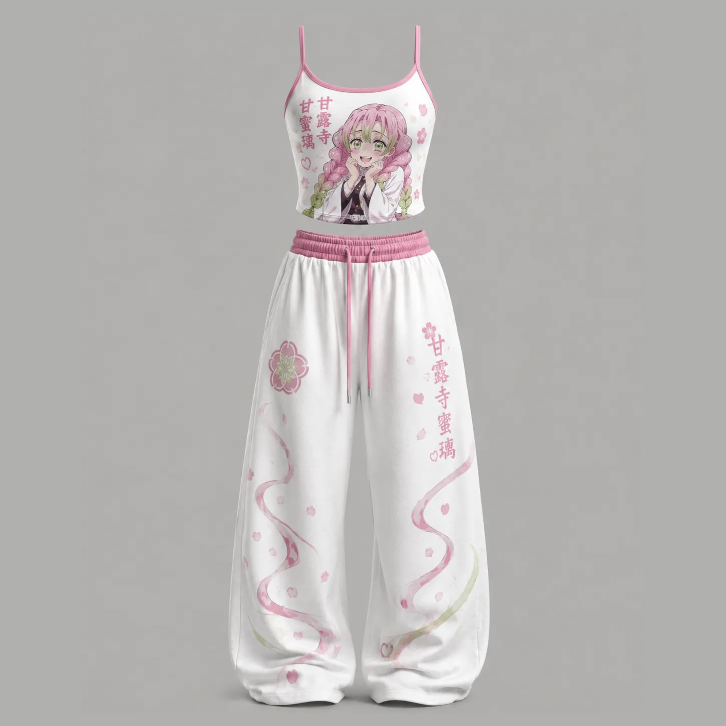 Demon Slayer Mitsuri Kanroji Cami Crop Top and Wide Leg Trousers Two-Piece Set, Women's Love Hashira Anime Matching Lounge Outfit