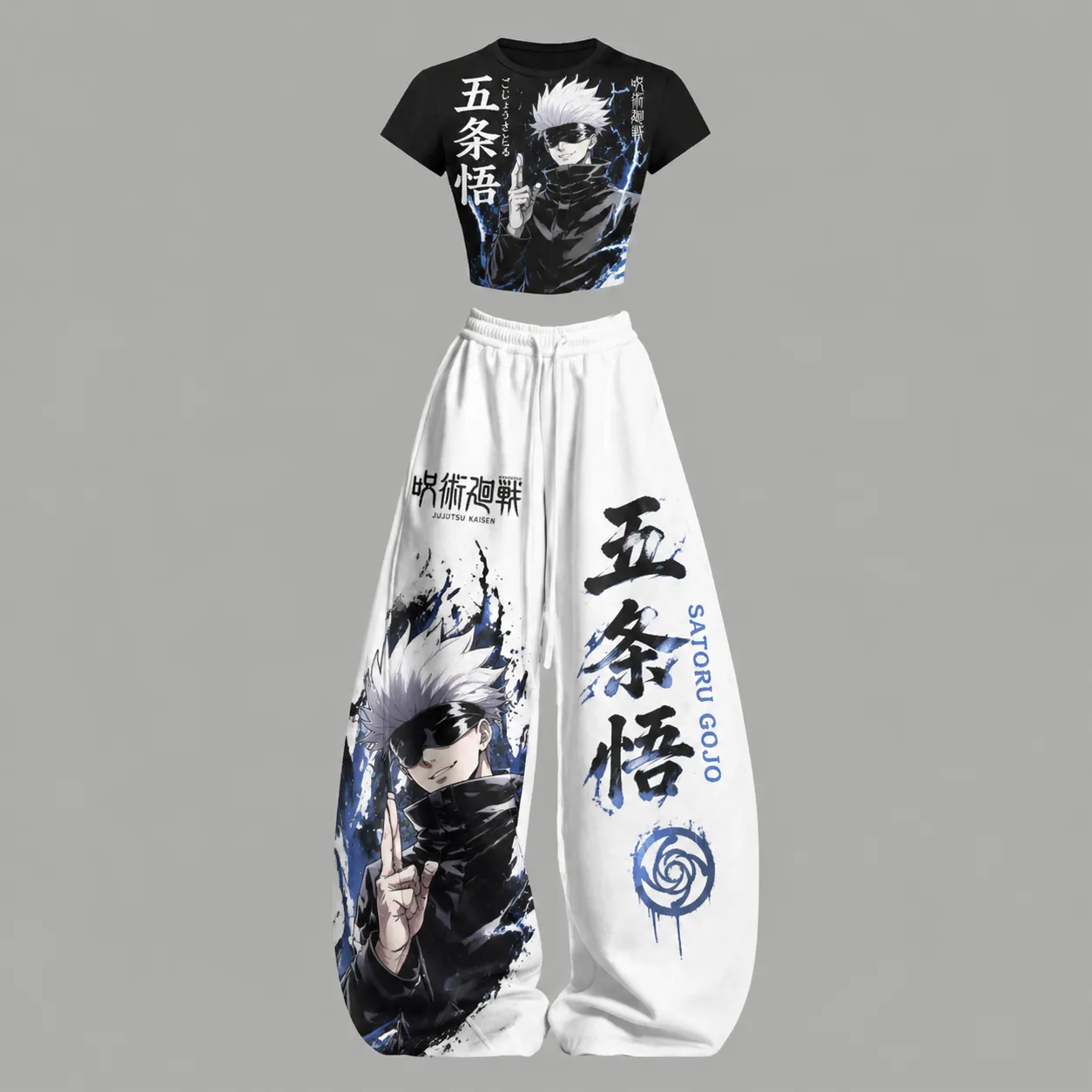 Jujutsu Kaisen Satoru Gojo Crop Tee and Wide Leg Trousers Two-Piece Set, Women's Black and White Anime Lounge Outfit, JJK Fan Matching Set