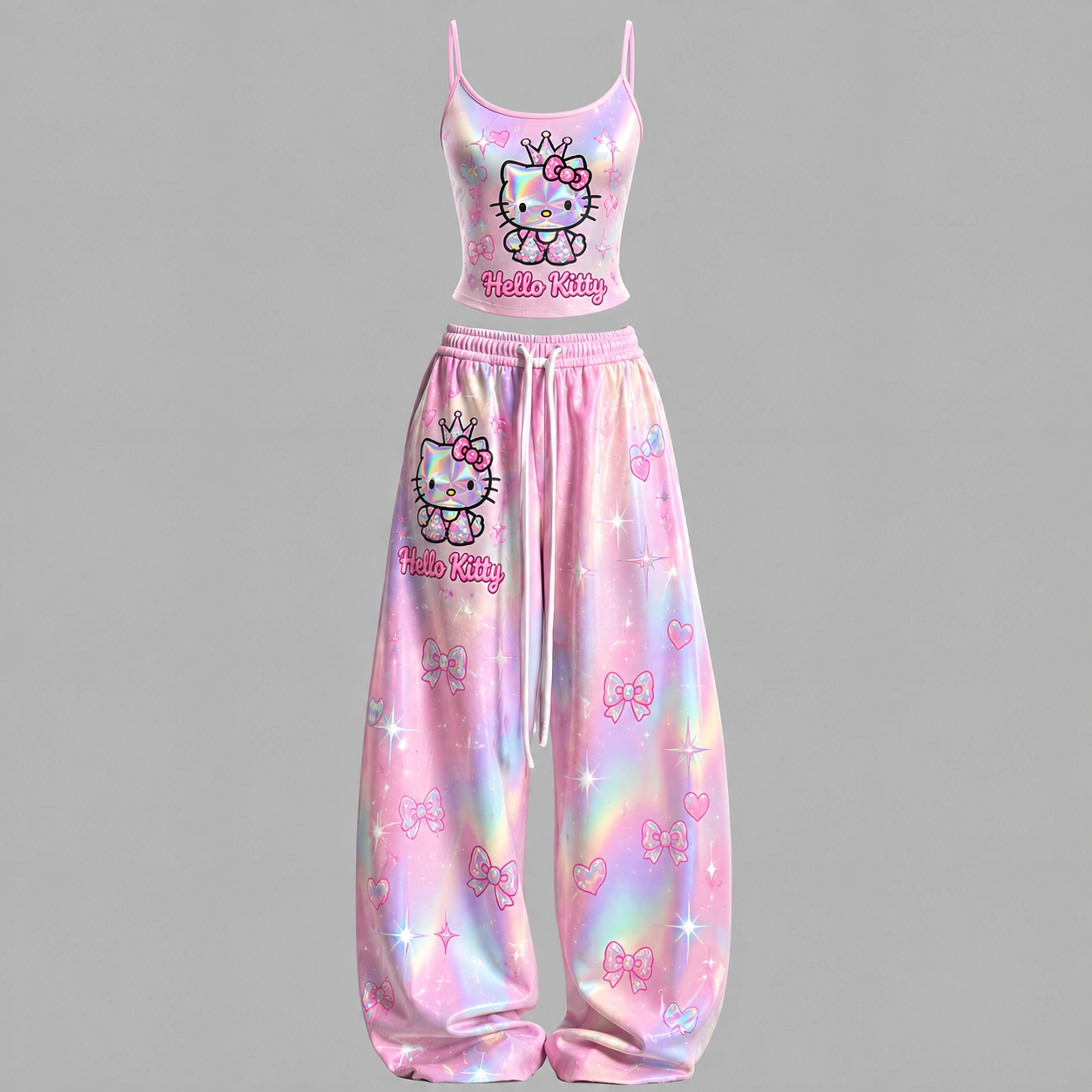 Hello Kitty Holographic Cami Crop Top and Wide Leg Trousers Two-Piece Set, Women's Pastel Pink Rainbow Lounge Outfit, Sanrio Kawaii Matching Set
