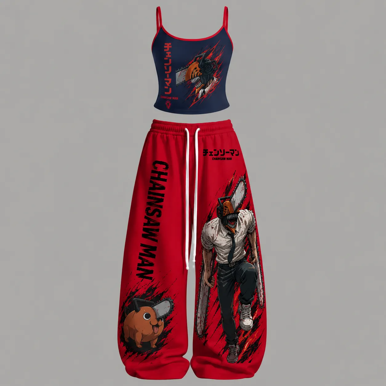 Chainsaw Man Denji and Pochita Cami Crop Top and Wide Leg Trousers Two-Piece Set, Women's Navy and Red Anime Lounge Outfit, Matching Set