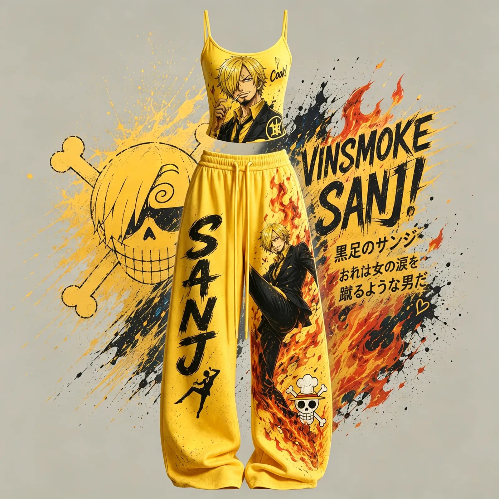 One Piece Vinsmoke Sanji Cami Crop Top and Wide Leg Trousers Two-Piece Set, Women's Yellow and Black Anime Lounge Outfit, Black Leg Sanji Fan Set