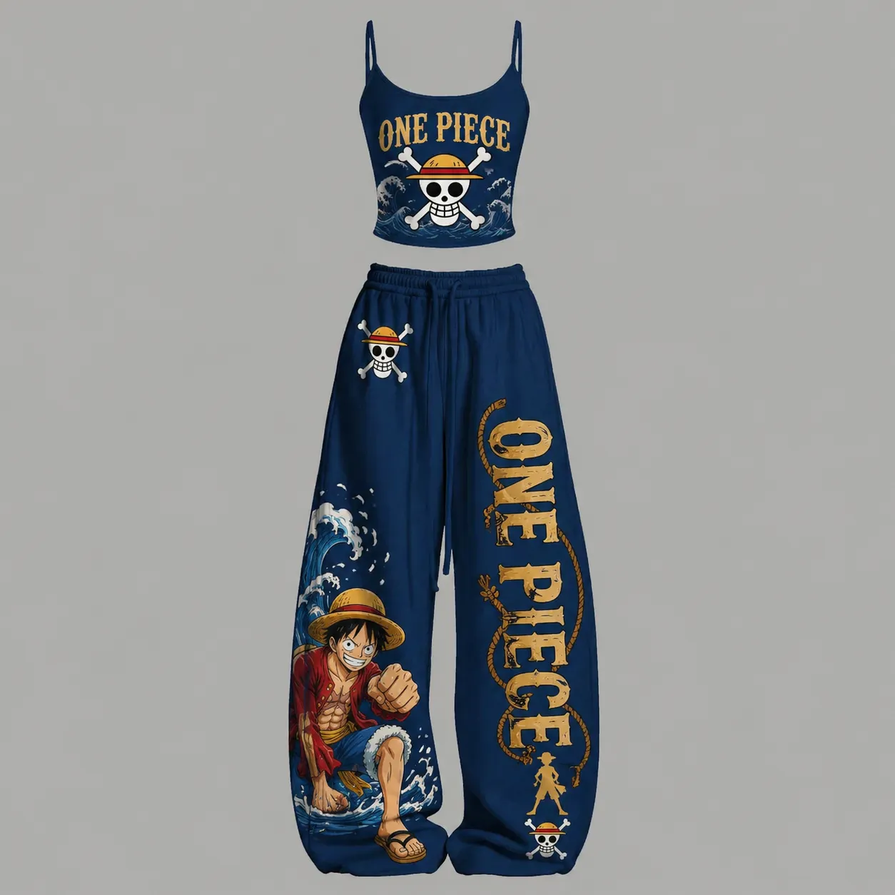 One Piece Luffy Straw Hat Jolly Roger Cami Crop Top and Wide Leg Trousers Two-Piece Set, Navy Gold Anime Lounge Outfit, Women's Matching Co-ord