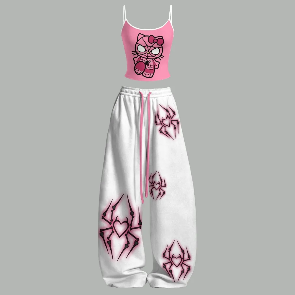 Spider-Man Hello Kitty Cami Crop Top and Wide Leg Trousers Two-Piece Set, Pink Web Suit Cat and Heart Arachnid Print, Women's Lounge Outfit