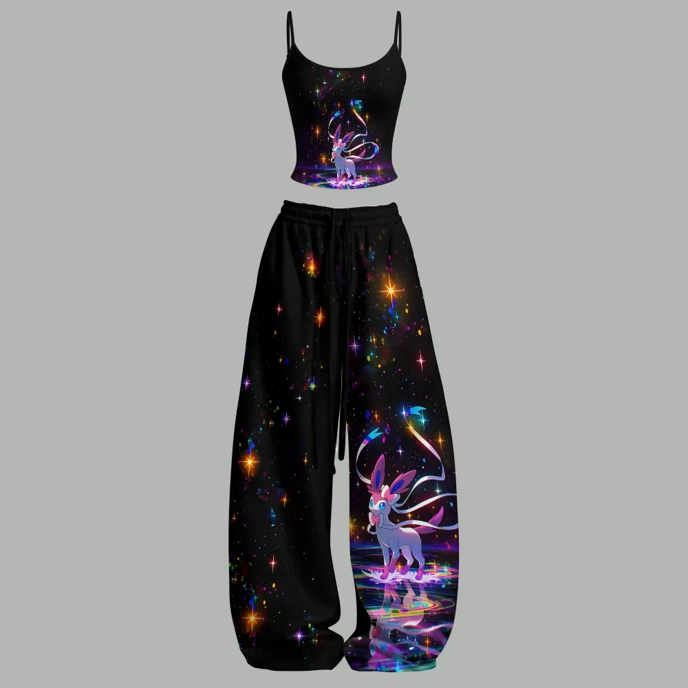 Pokémon Sylveon Cami Crop Top and Wide Leg Trousers Two-Piece Set, Women's Black Cosmic Sparkle Fairy Lounge Outfit, Anime Matching Set