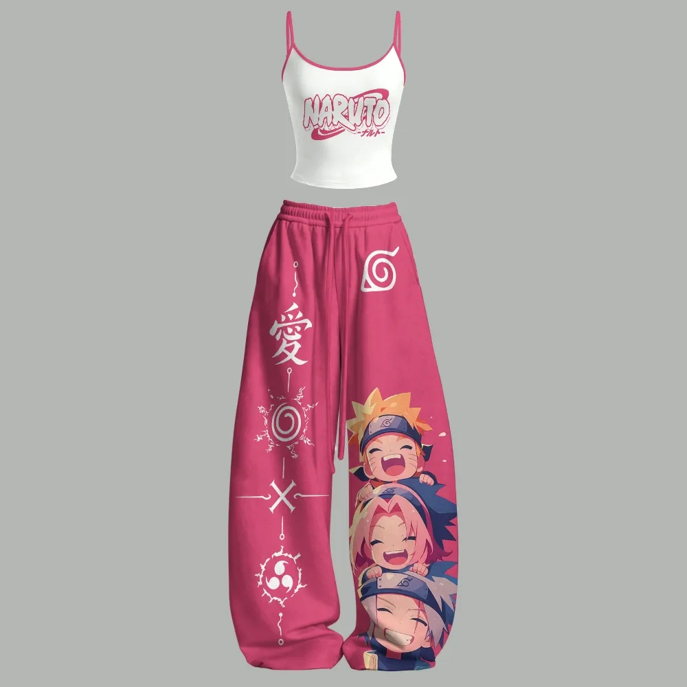 Naruto Chibi Team 7 Cami Crop Top and Wide Leg Trousers Two-Piece Set, Women's Pink Hidden Leaf Kawaii Anime Lounge Outfit, Ninja Fan Gift