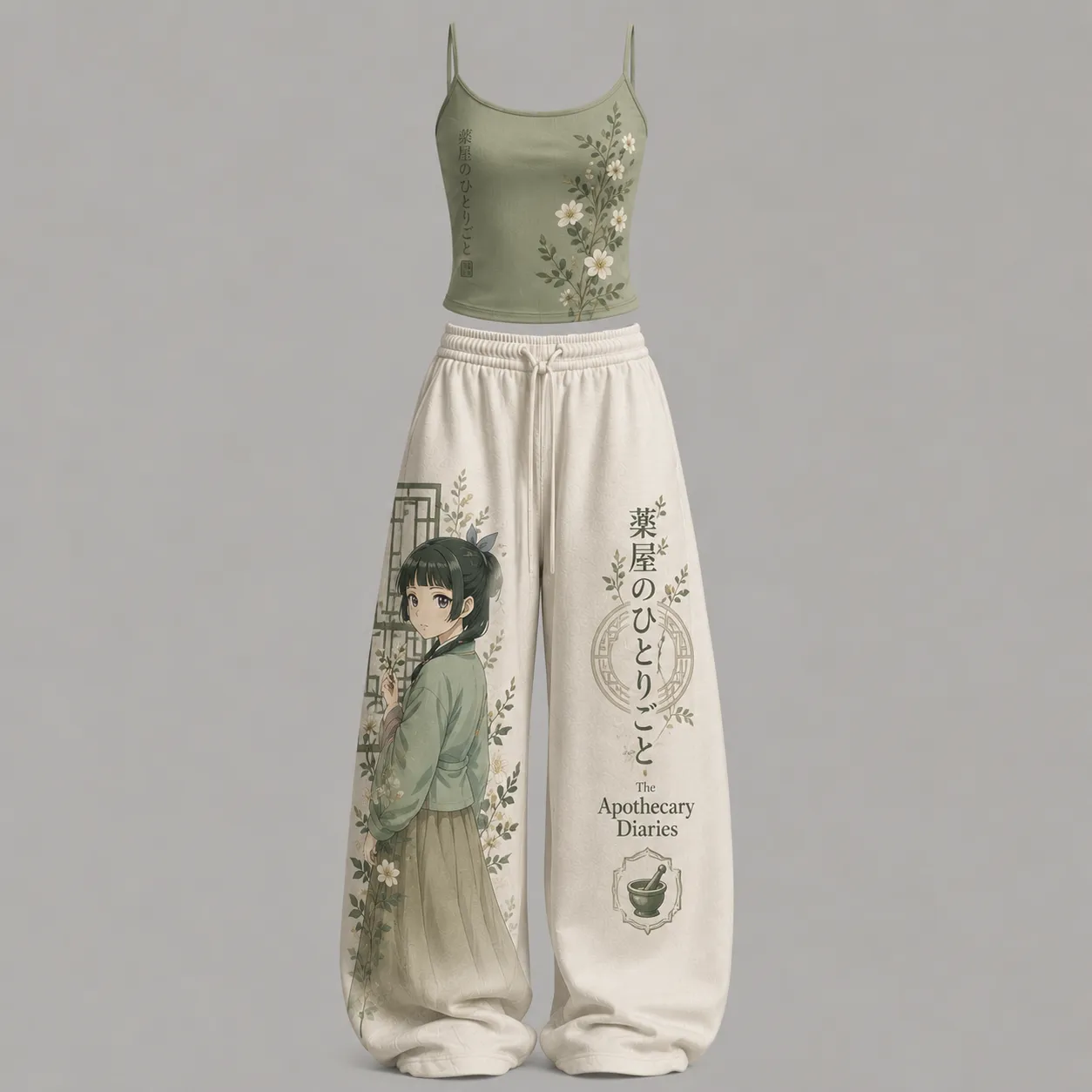 The Apothecary Diaries Maomao Cami Crop Top and Wide Leg Trousers Two-Piece Set, Sage Floral Anime Lounge Outfit, Women's Matching Co-ord