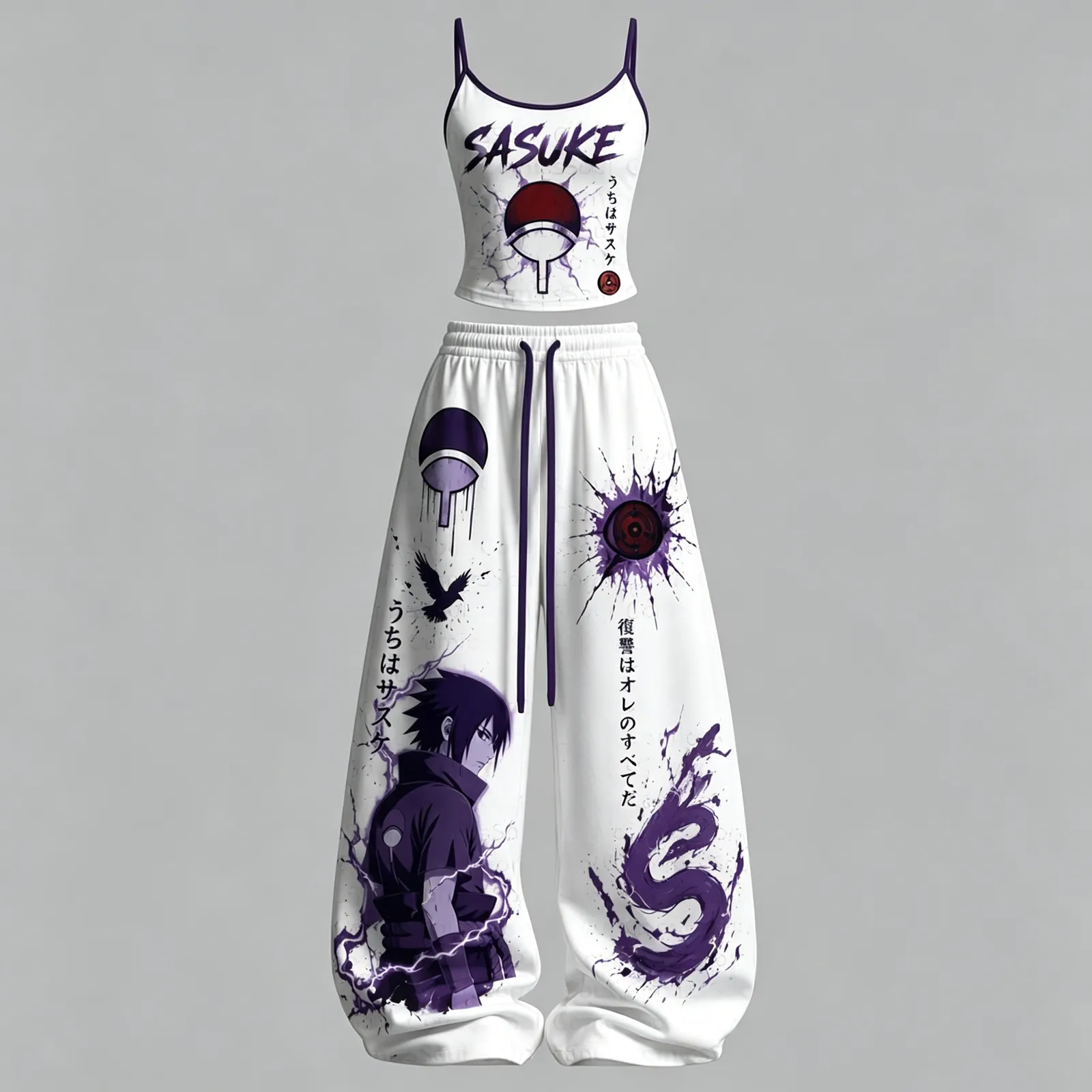 Naruto Sasuke Uchiha Clan Crest Cami Crop Top and Wide Leg Trousers Two-Piece Set, White Purple Sharingan Anime Lounge Outfit, Women's Co-ord