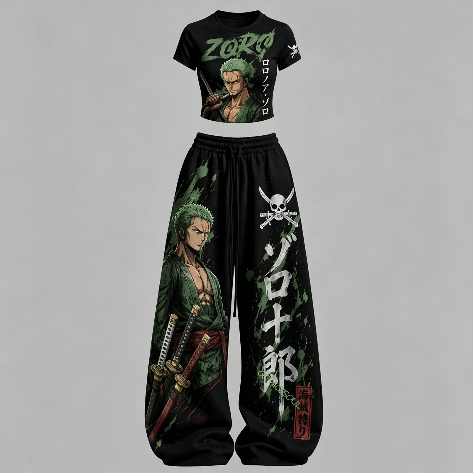 One Piece Roronoa Zoro Crop Tee and Wide Leg Trousers Two-Piece Set, Women's Pirate Hunter Straw Hat Anime Matching Black Lounge Outfit