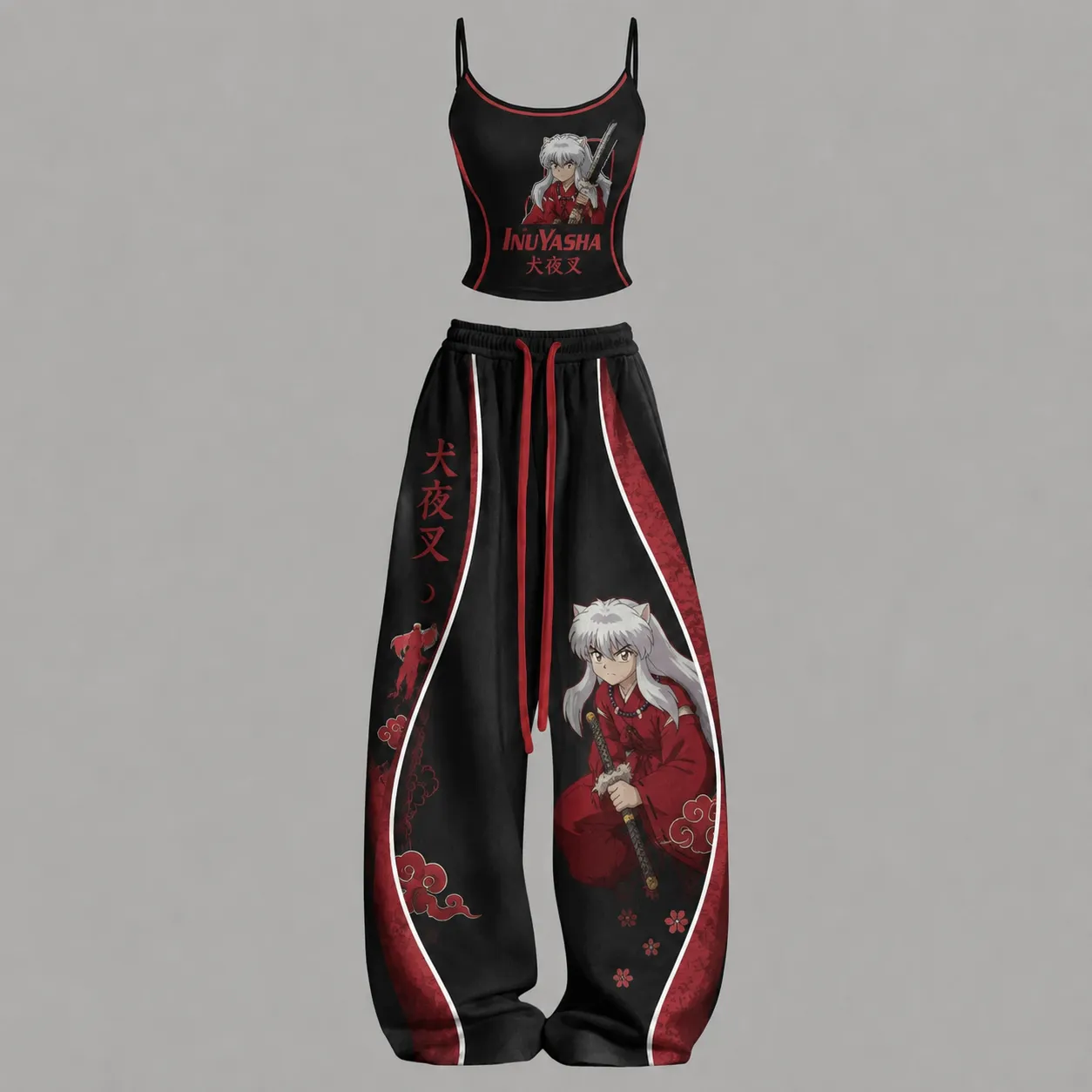 Inuyasha Half-Demon Cami Crop Top and Elasticated Wide Leg Trousers Two-Piece Set, Women's Black and Crimson Feudal Japan Anime Matching Outfit