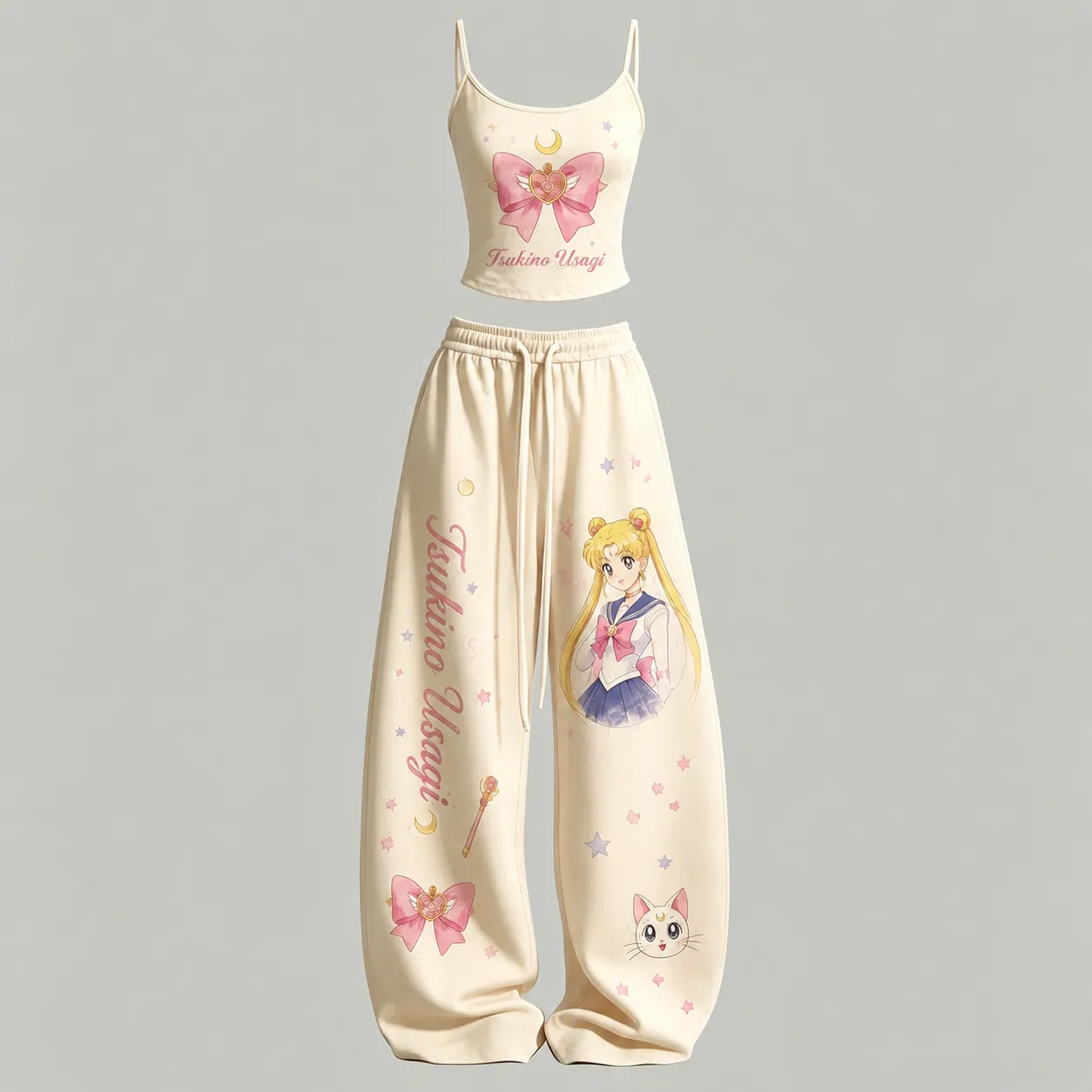 Sailor Moon Tsukino Usagi Cami Crop Top and Wide Leg Trousers Two-Piece Set, Women's Cream Pink Anime Lounge Outfit, Artemis Wand Gift