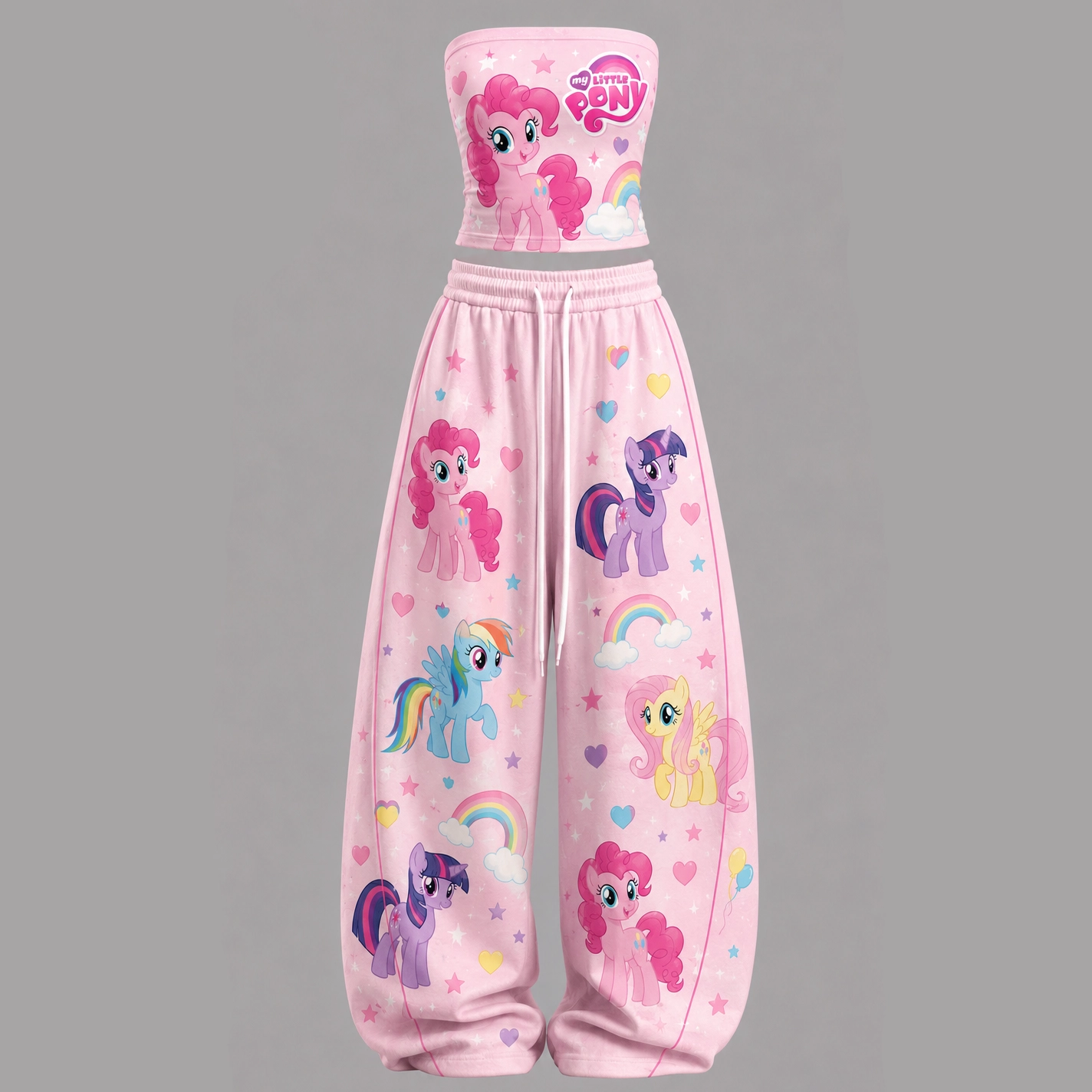 My Little Pony Strapless Tube Top and Wide Leg Trousers Two-Piece Set, Women's Pink Pinkie Pie Rainbow Lounge Outfit, Cartoon Matching Set