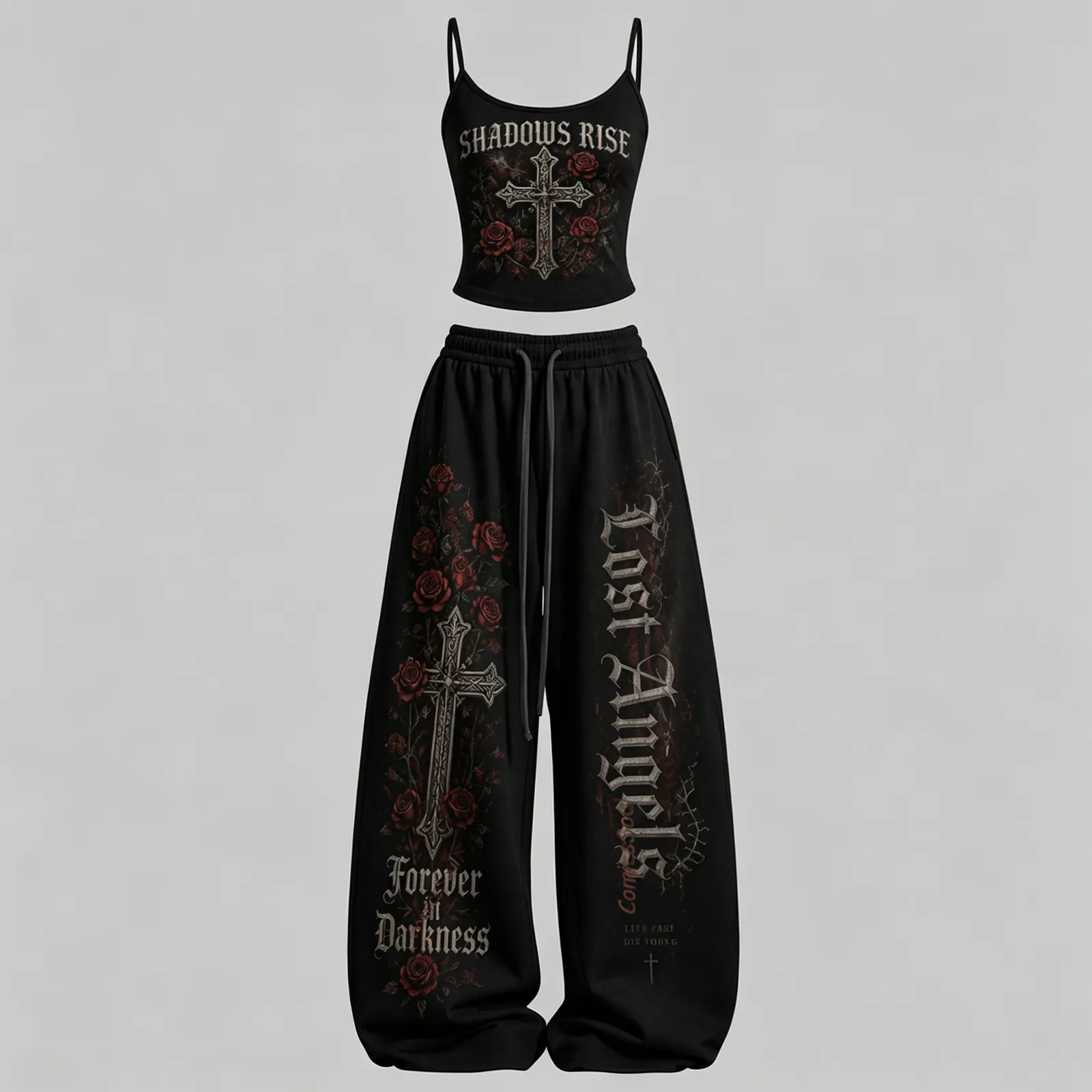 Women's Roses and Crosses Cami Crop Top and Wide Leg Trousers Two-Piece Set, Black Gothic Shadows Rise Lost Angels Lounge Outfit, Alt Style