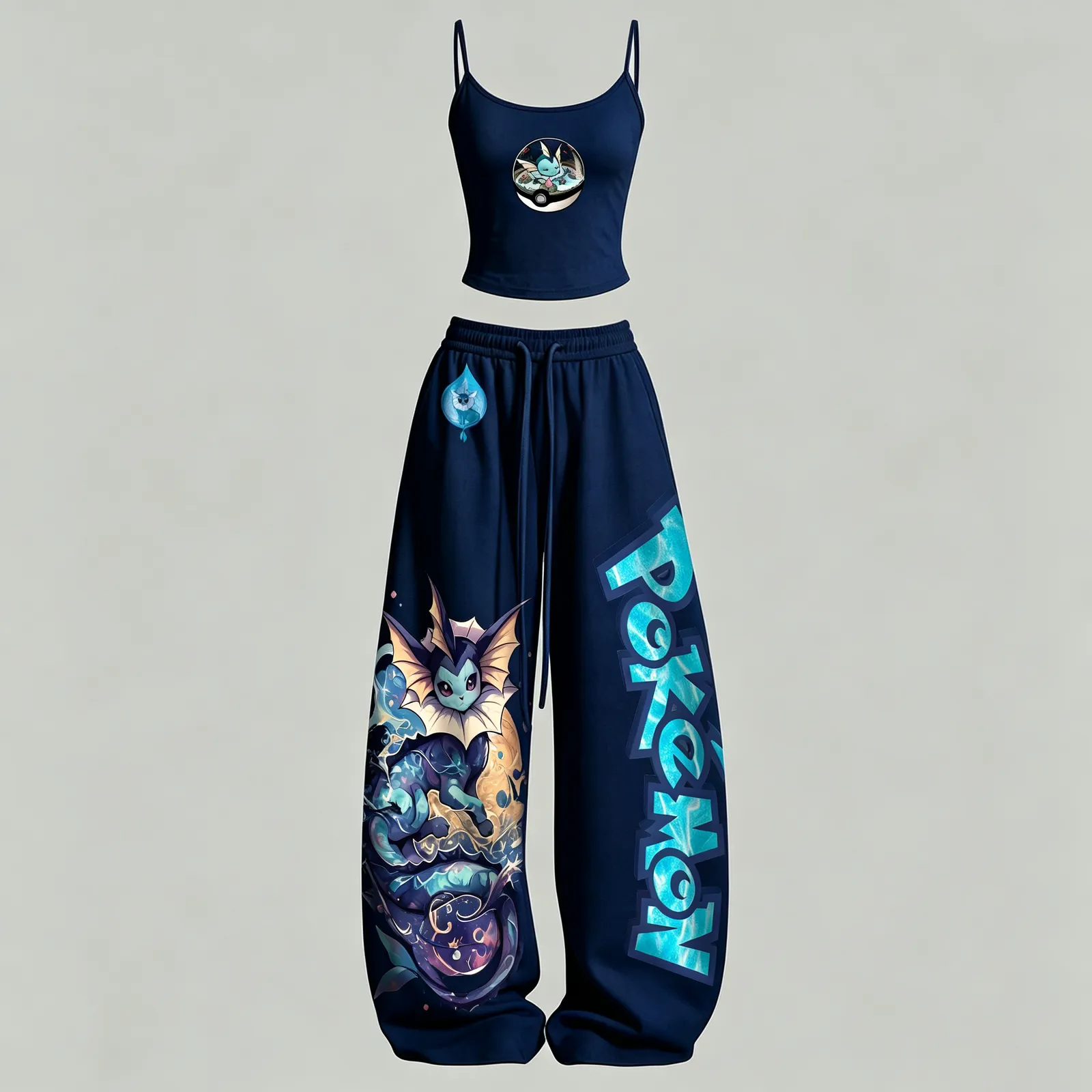Pokémon Vaporeon Poké Ball Cami Crop Top and Wide Leg Trousers Two-Piece Set, Navy Aqua Water Type Lounge Outfit, Women's Anime Matching Co-ord