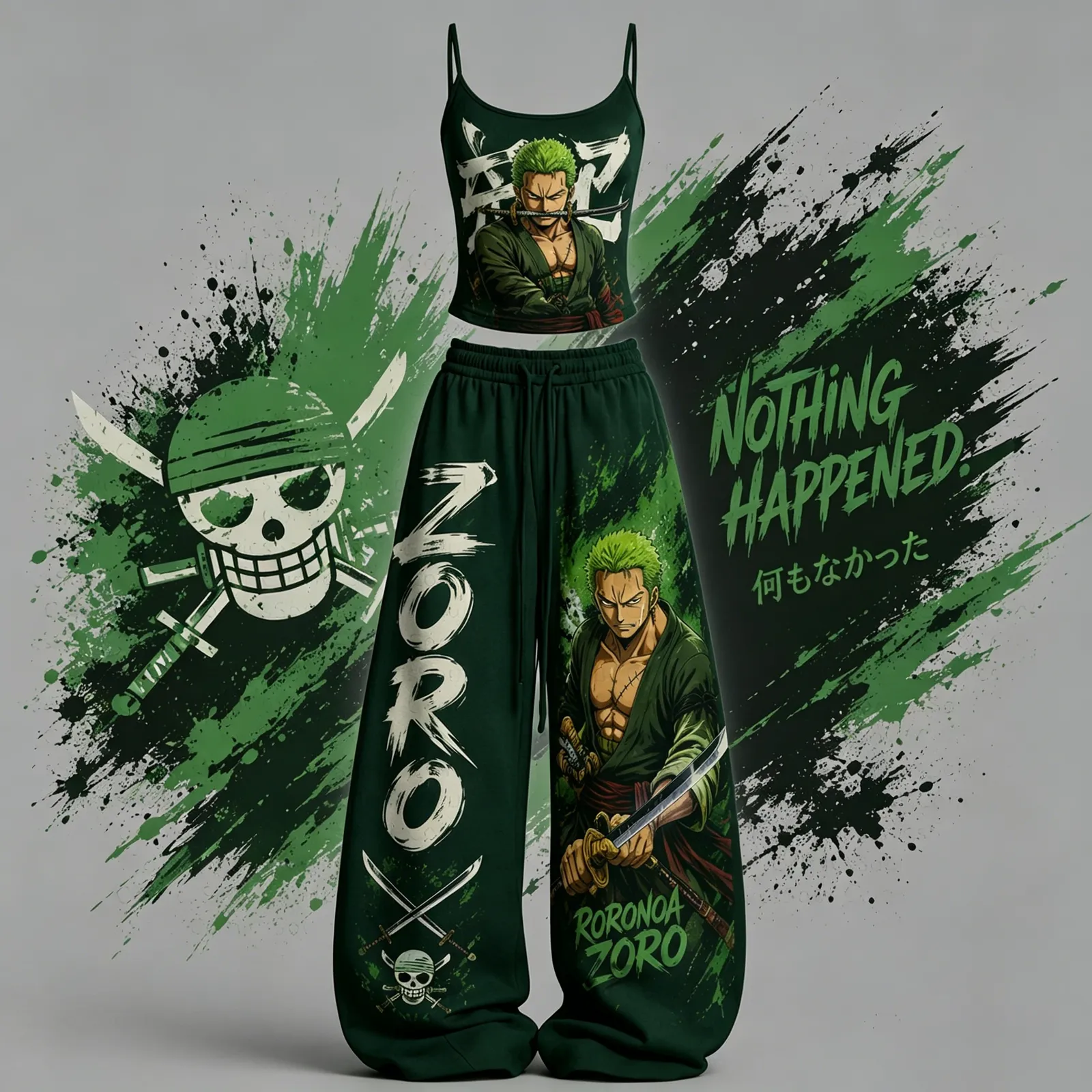One Piece Roronoa Zoro Nothing Happened Cami Crop Top and Wide Leg Trousers Two-Piece Set, Women's Green Straw Hat Anime Matching Outfit
