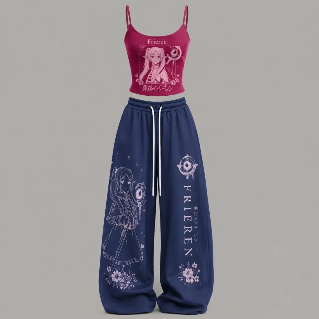 Frieren Beyond Journey's End Cami Crop Top and Wide Leg Trousers Two-Piece Set, Women's Elf Mage Staff Anime Matching Lounge Outfit