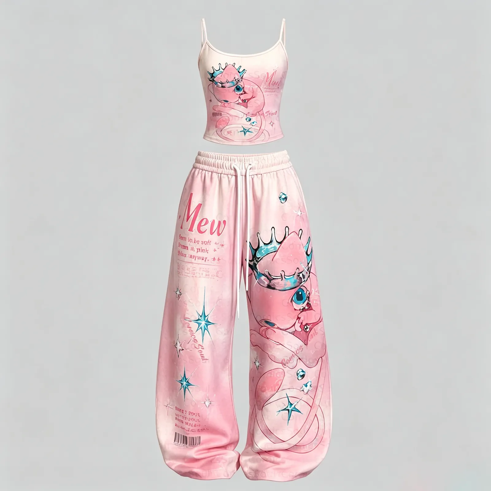 Pokémon Mew Cami Crop Top and Wide Leg Trousers Two-Piece Set, Women's Pastel Pink Anime Lounge Outfit, Crowned Mew Sparkle Matching Set for Fans