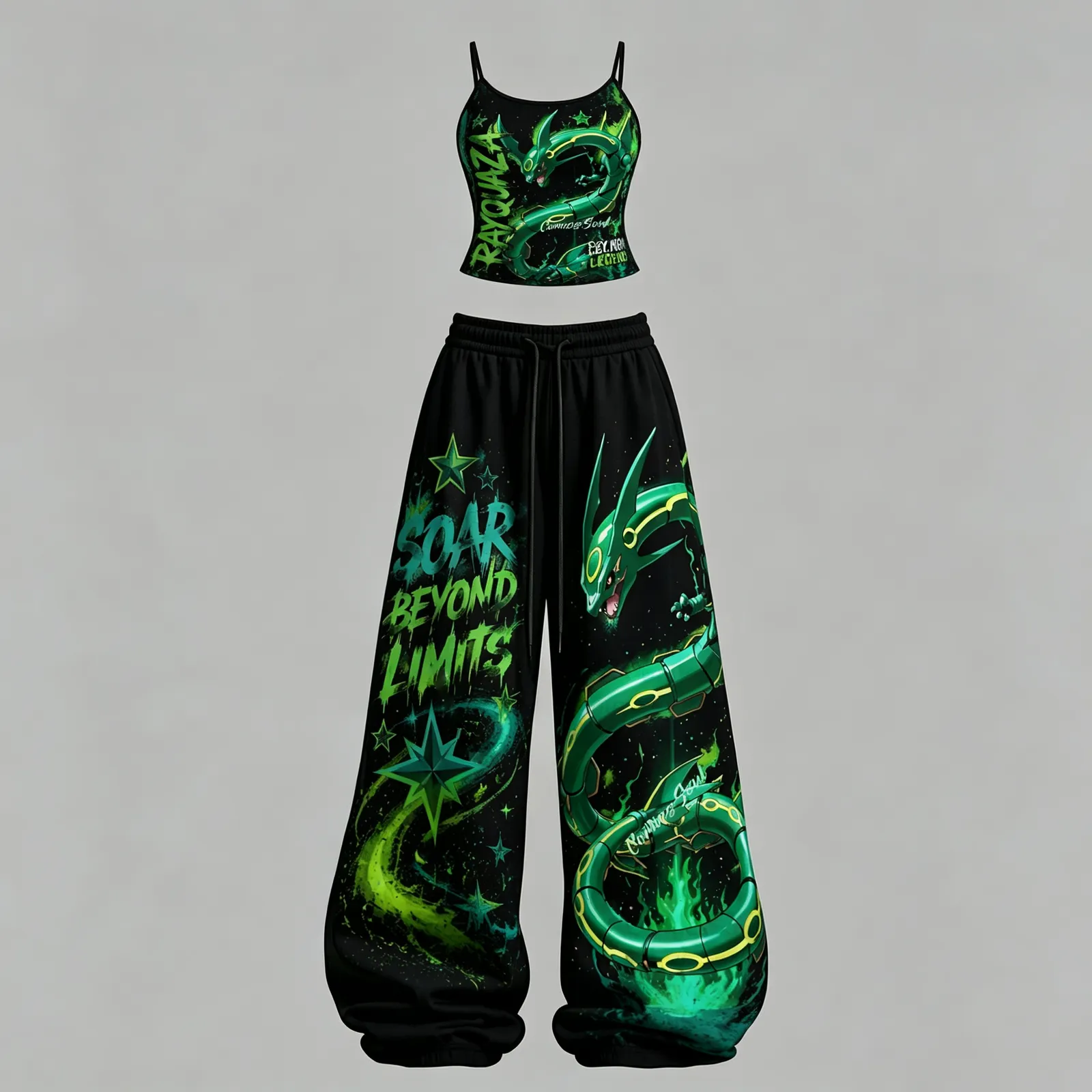 Pokémon Rayquaza Soar Beyond Limits Cami Crop Top and Elasticated Wide Leg Trousers Two-Piece Set, Women's Black and Neon Green Legend Outfit