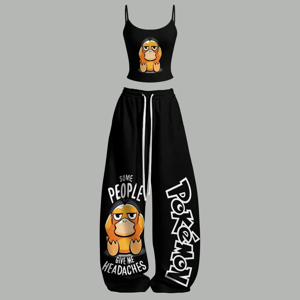 Pokémon Psyduck Cami Crop Top and Wide Leg Trousers Two-Piece Set, Women's Black Some People Give Me Headaches Lounge Outfit, Anime Gift