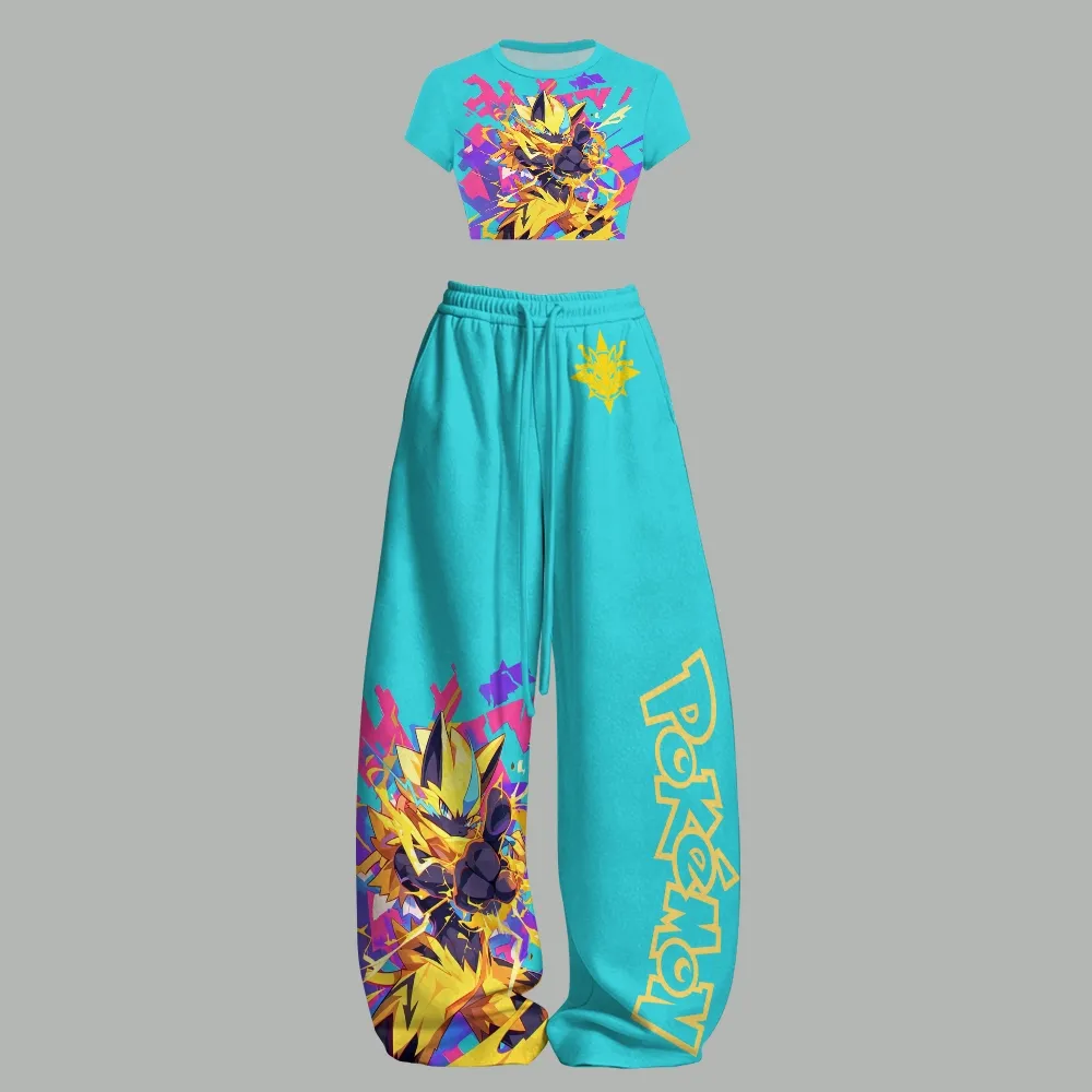 Pokémon Zeraora Crop Tee and Wide Leg Trousers Two-Piece Set, Women's Turquoise Electric Lightning Lounge Outfit, Anime Fan Matching Set