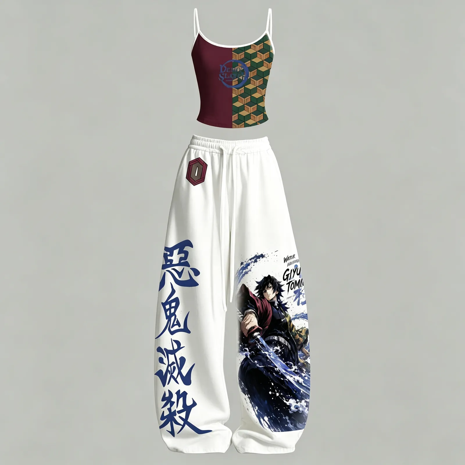 Demon Slayer Giyu Tomioka Cami Crop Top and Wide Leg Trousers Two-Piece Set, Women's White and Navy Water Hashira Anime Lounge Outfit