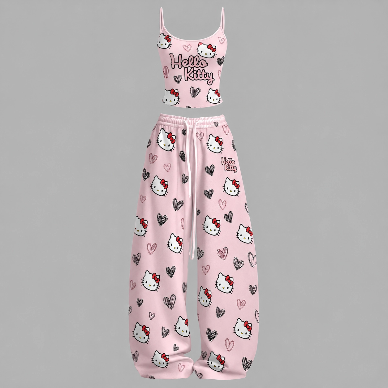 Hello Kitty Cami Crop Top and Wide Leg Trousers Two-Piece Set, Pink Heart Doodle Print, Women's Sanrio Kawaii Pajama Style Lounge Outfit