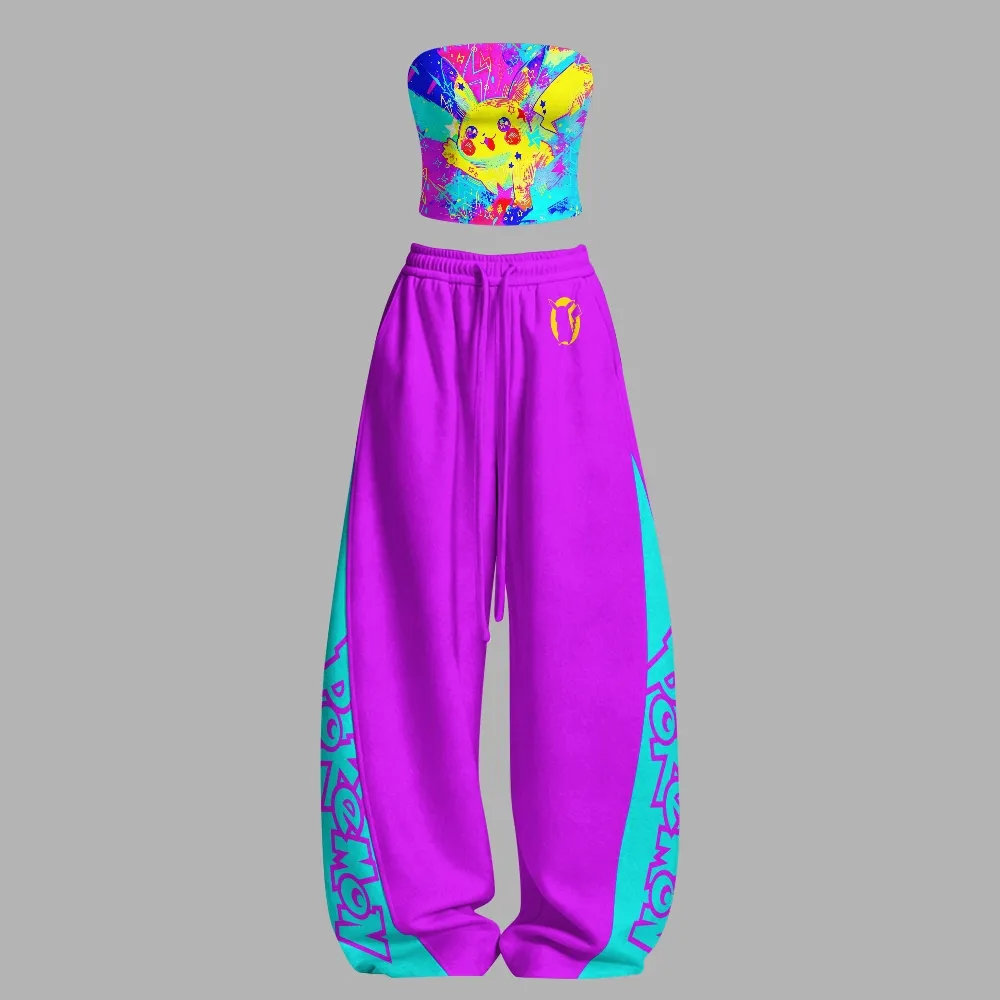 Pokémon Pikachu Strapless Tube Top and Wide Leg Trousers Two-Piece Set, Neon Graffiti Splash Print, Purple and Aqua Women's Lounge Outfit
