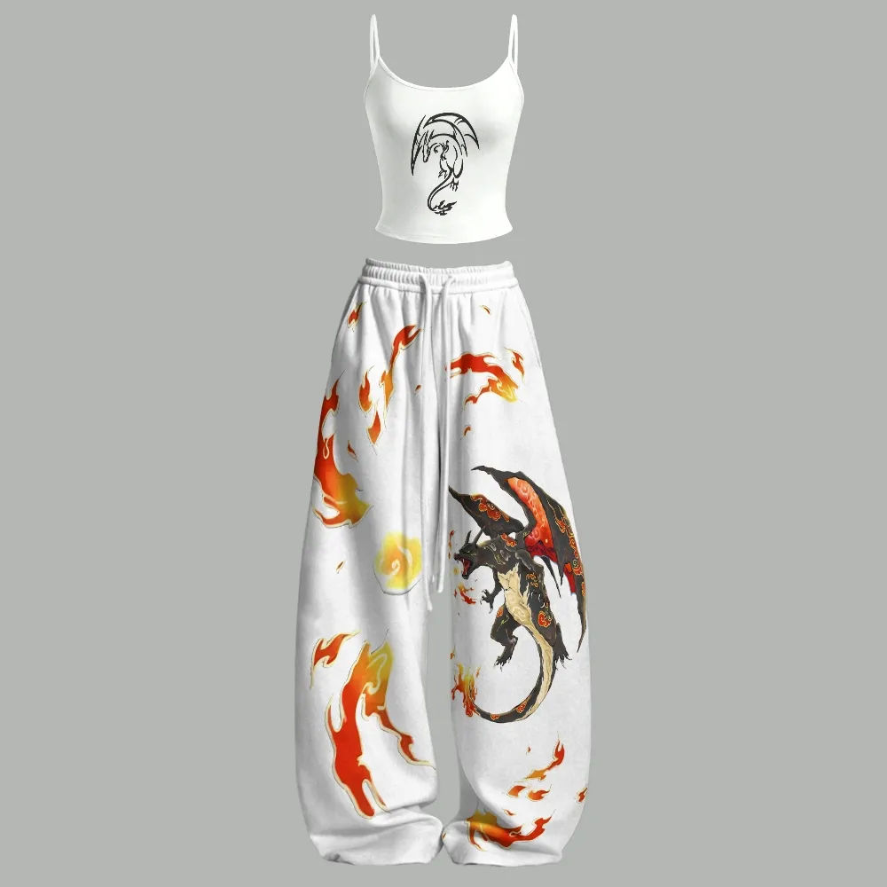 Pokémon Charizard Tribal Dragon Cami Crop Top and Wide Leg Trousers Two-Piece Set, White Red Orange Flame Lounge Outfit, Women's Anime Co-ord