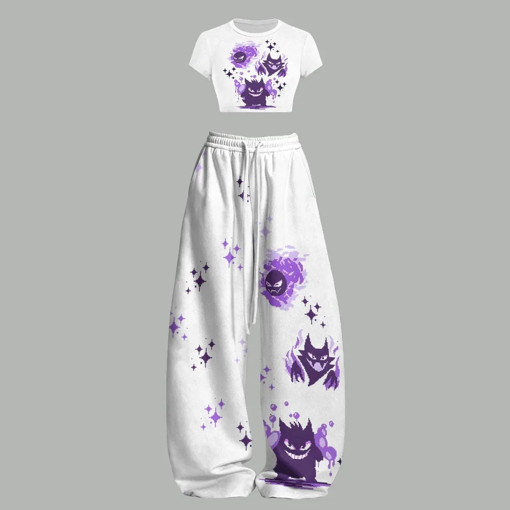 Pokémon Gastly Haunter Gengar Crop Tee and Wide Leg Trousers Two-Piece Set, White and Purple Pixel Art Ghost Print, Women's Gamer Outfit