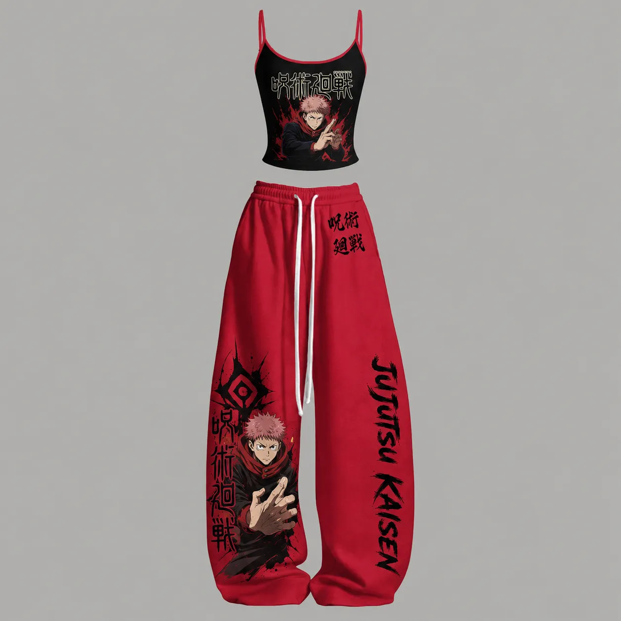 Jujutsu Kaisen Yuji Itadori Cami Crop Top and Wide Leg Trousers Two-Piece Set, Women's Black Red Anime Lounge Outfit, Cursed Energy Fan Gift