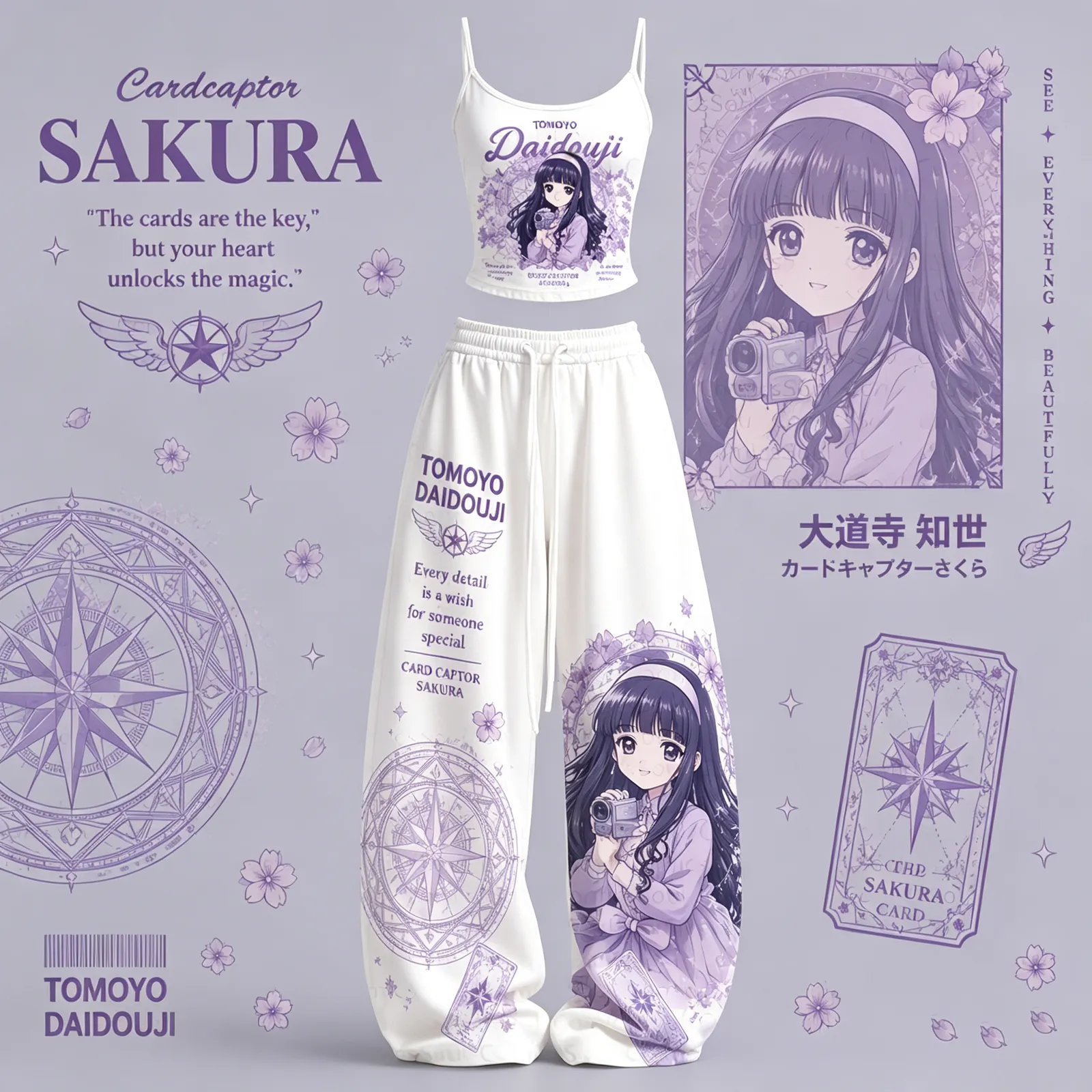 Cardcaptor Sakura Tomoyo Daidouji Cami Crop Top and Elasticated Wide Leg Trousers Two-Piece Set, Women's White and Lilac Magical Girl Outfit