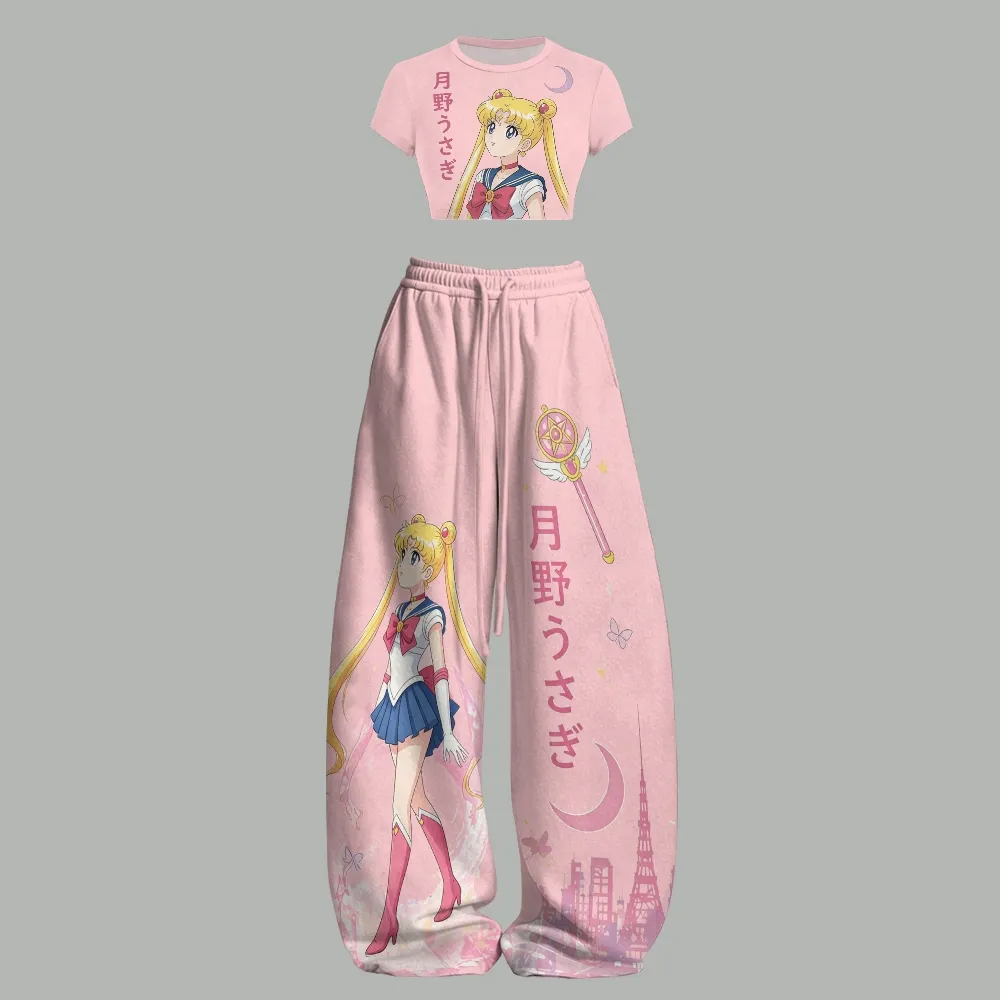Sailor Moon Usagi Tsukino Women Crop Tee and Pink Wide Leg Trousers Set, Two-Piece Lounge Outfit, Moon Stick Tokyo Tower Pastel Anime Set