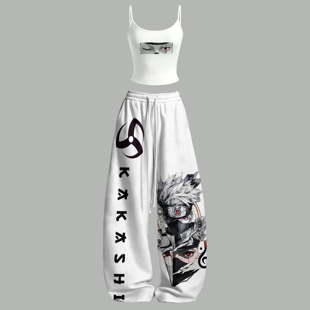 Naruto Kakashi Hatake Sharingan Cami Top and Elasticated Trousers Two-Piece Set, Women's White and Black Anime Lounge Outfit, Ninja Matching Set