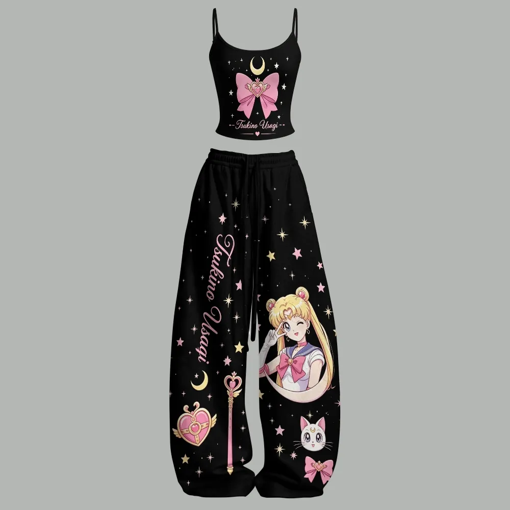 Sailor Moon Tsukino Usagi Cami Crop Top and Wide Leg Trousers Two-Piece Set, Women's Black Heart Brooch Artemis Anime Matching Outfit
